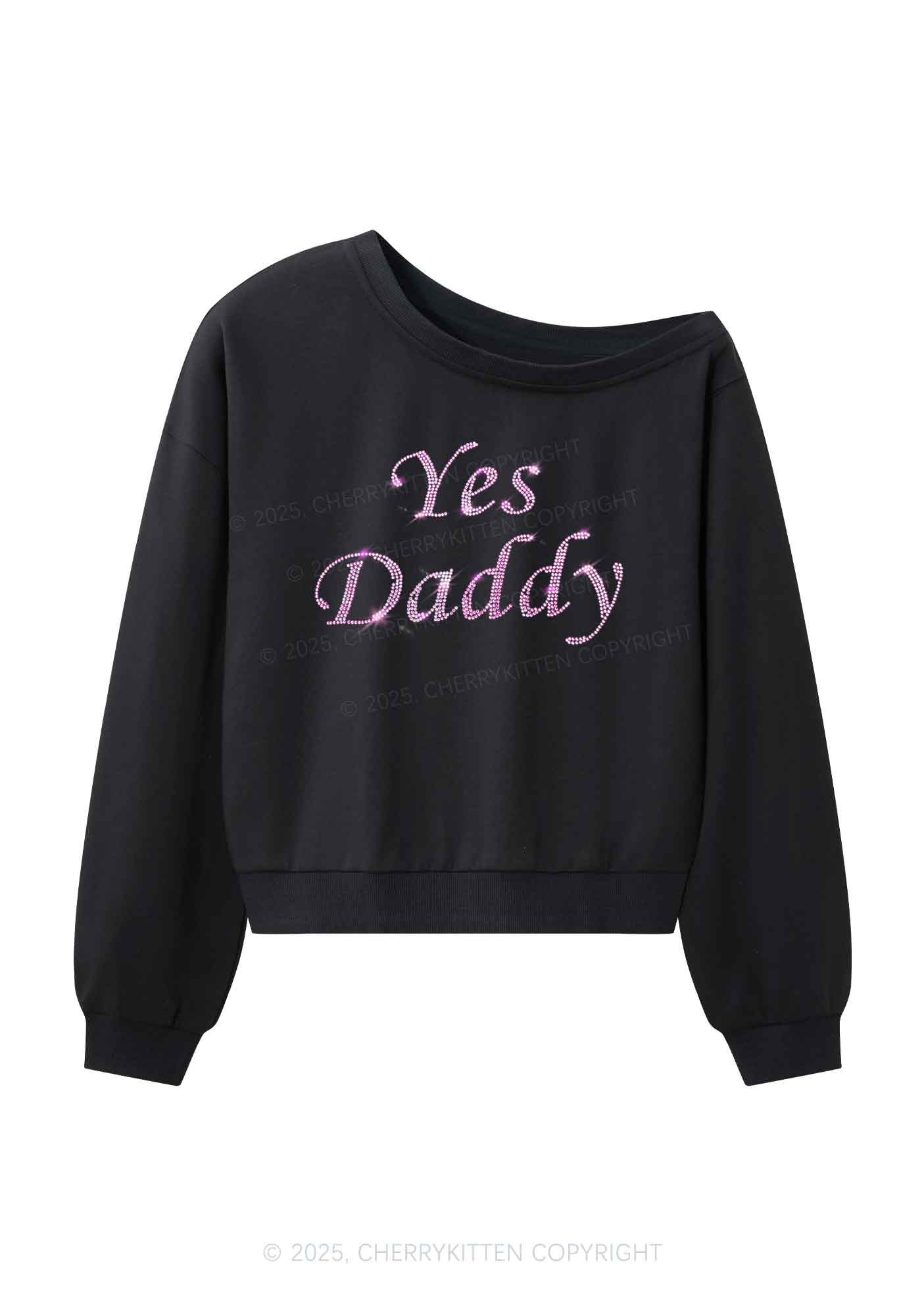 Rhinestone Yes Daddy Y2K Off Shoulder Sweatshirts Cherrykitten - Image 3