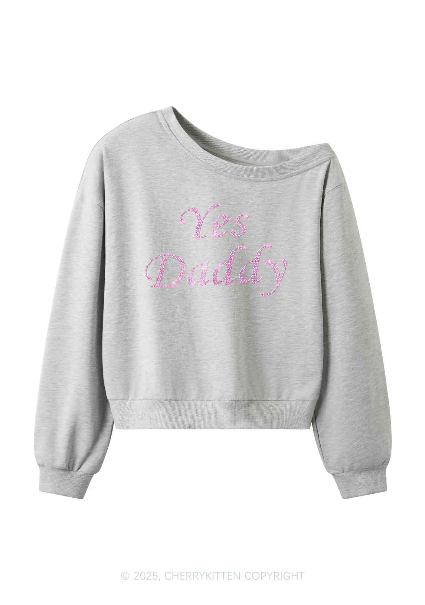 Rhinestone Yes Daddy Y2K Off Shoulder Sweatshirts Cherrykitten - Image 4