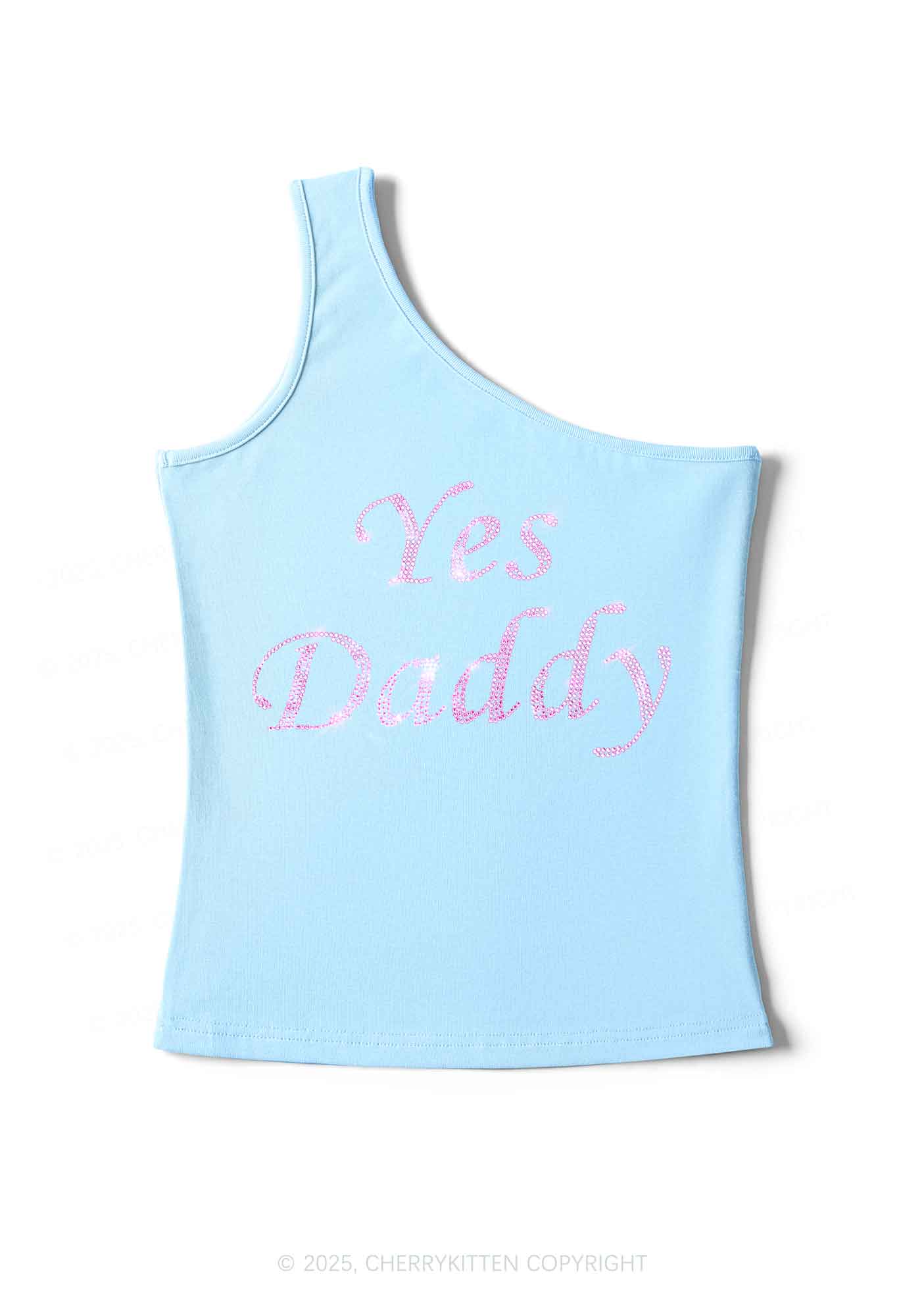 Rhinestone Yes Daddy Y2K One Shoulder Tank Top Cherrykitten - Image 2