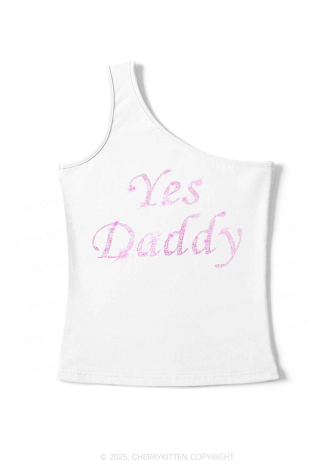 Rhinestone Yes Daddy Y2K One Shoulder Tank Top Cherrykitten - Image 3