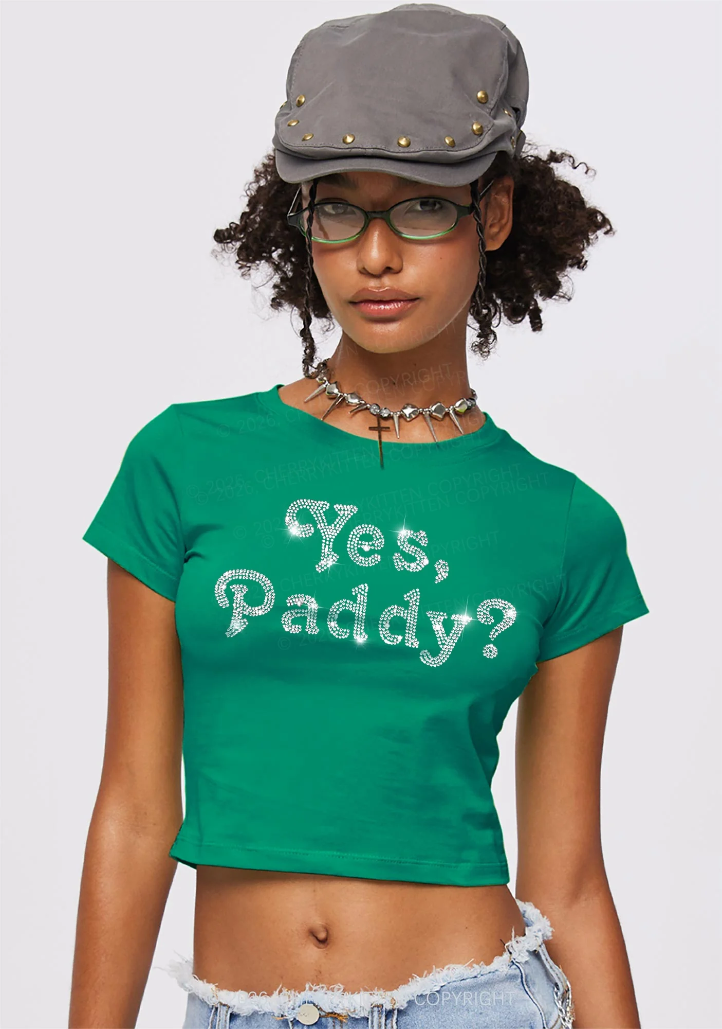 Rhinestone Yes Paddy St Patricks Y2K Baby Tee Cherrykitten - Image 2