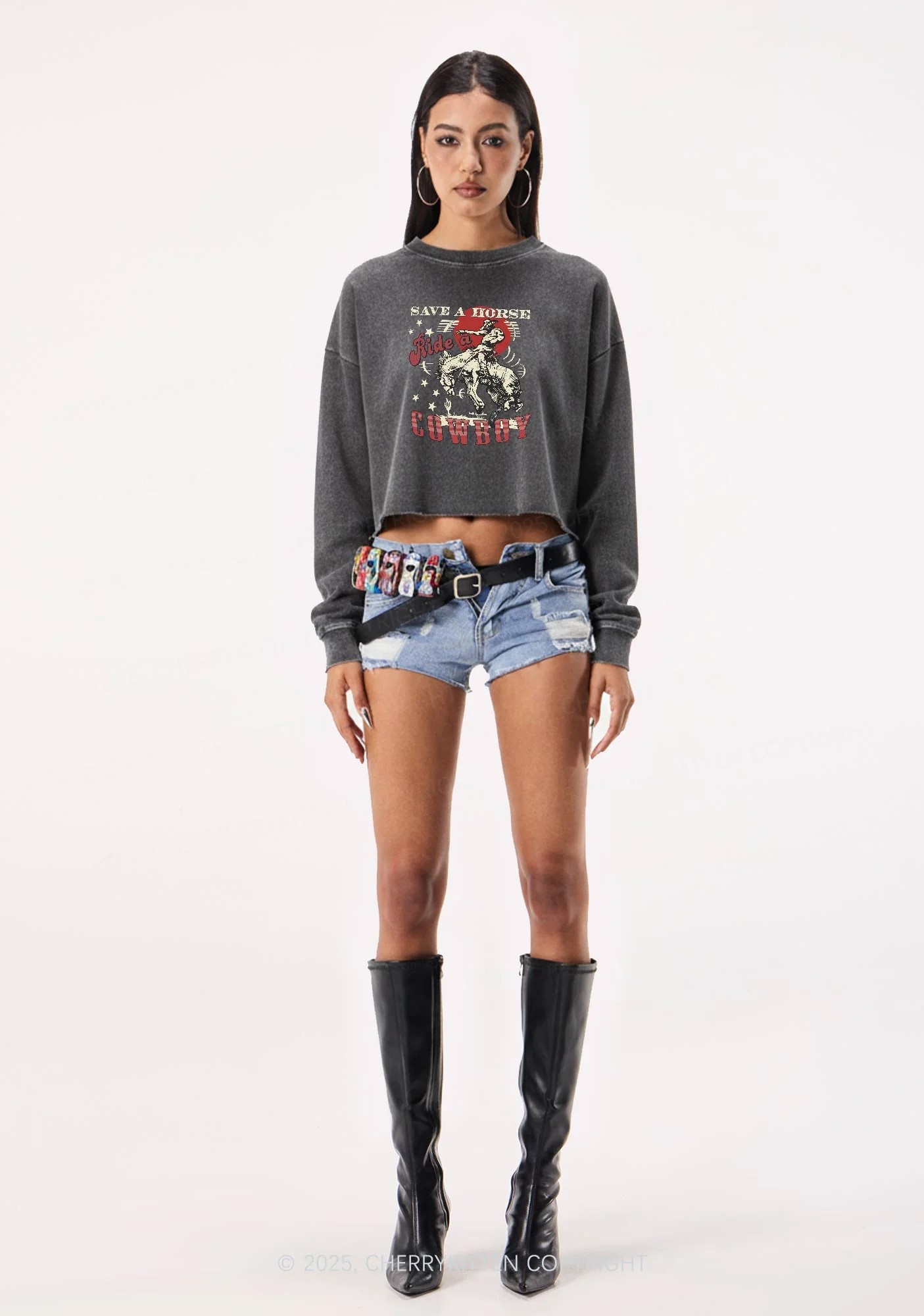 Ride A Cowboy Y2K Crop Washed Sweatshirts Cherrykitten - Image 2
