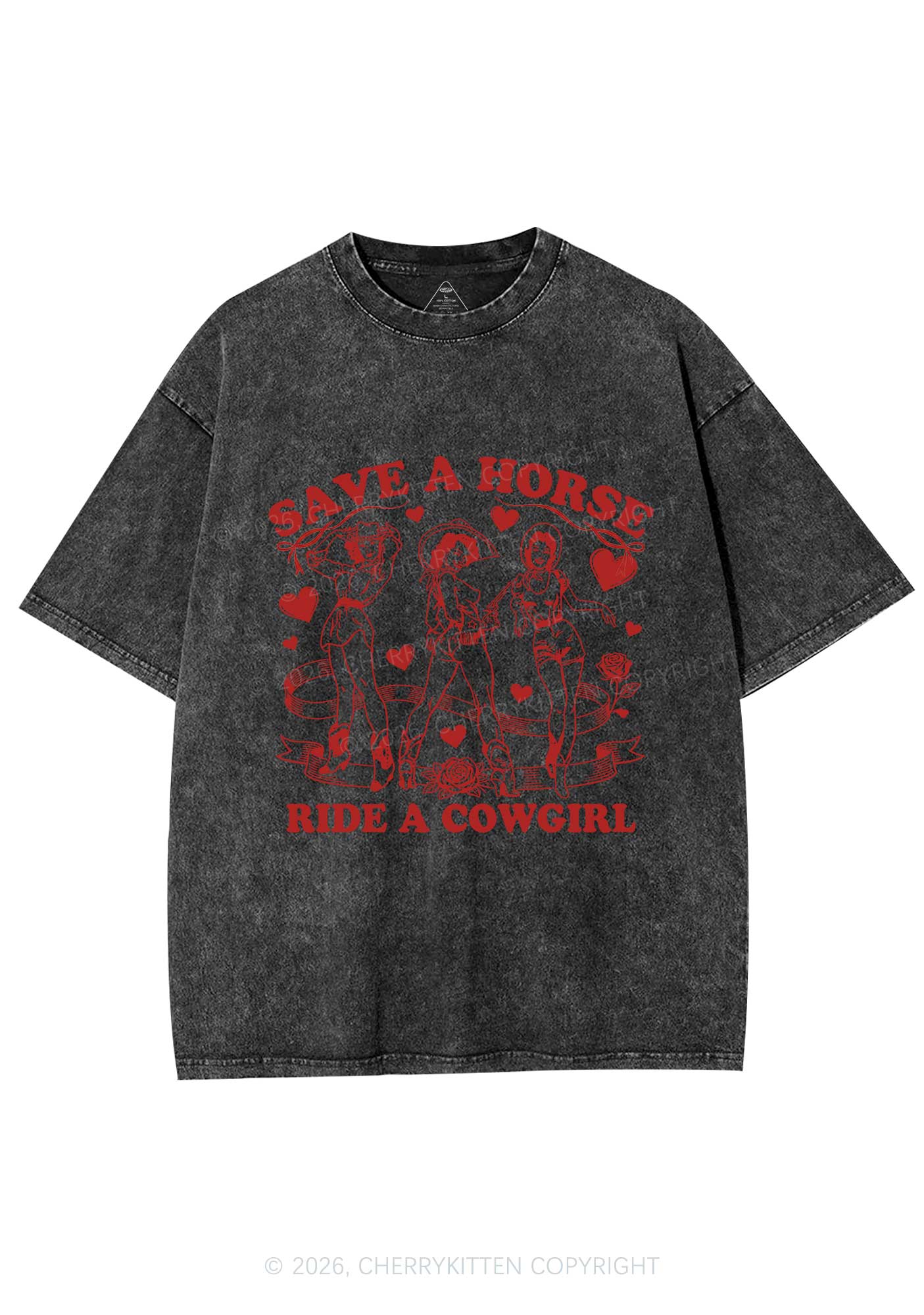 Ride A Cowgirl Valentine's Day Y2K Shirts Washed Tee Cherrykitten - Image 3