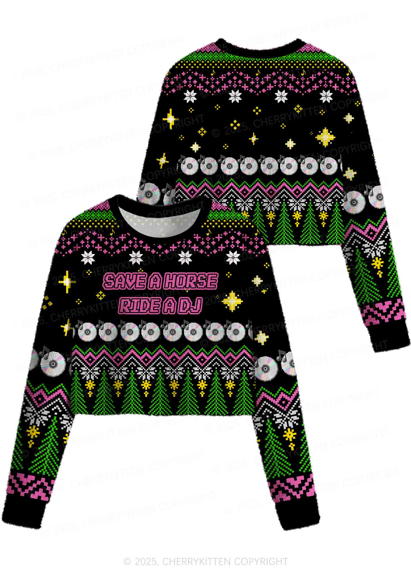 Ride A DJ Y2K Christmas Crop Knit Sweatshirt Cherrykitten - Image 3