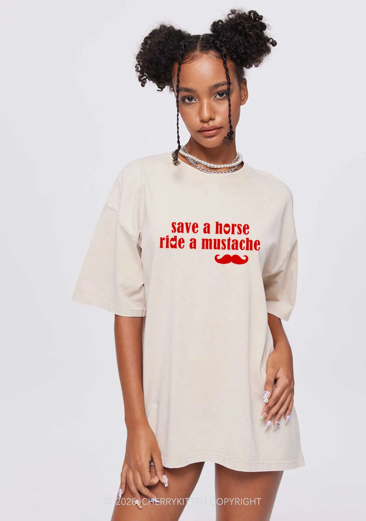 Ride A Mustache Valentine's Day Y2K Shirts Washed Tee Cherrykitten - Image 2