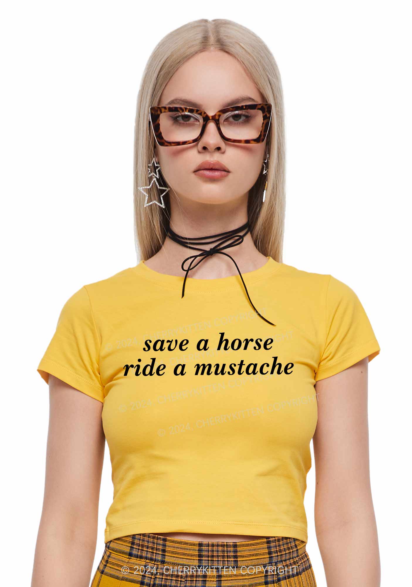 Ride A Mustache Y2K Baby Tee Cherrykitten - Image 2