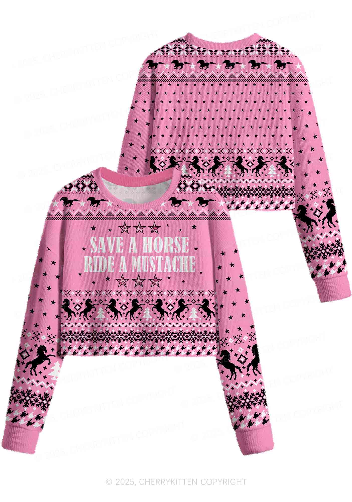 Ride A Mustache Y2K Christmas Crop Knit Sweatshirt Cherrykitten - Image 3