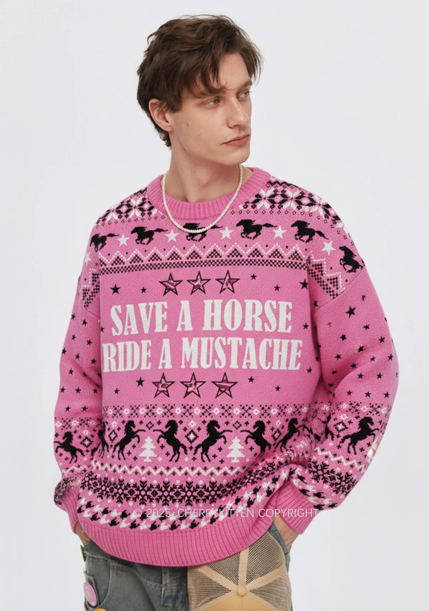Ride A Mustache Y2K Christmas Knit Sweatshirt Cherrykitten - Image 2