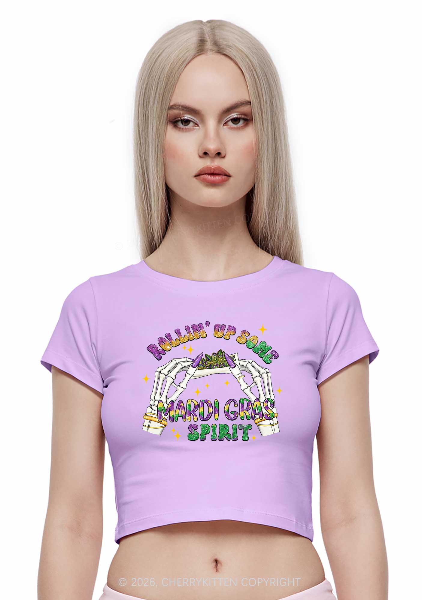 Rollin Up Mardi Gras Spirit Y2K Baby Tee Cherrykitten - Image 2