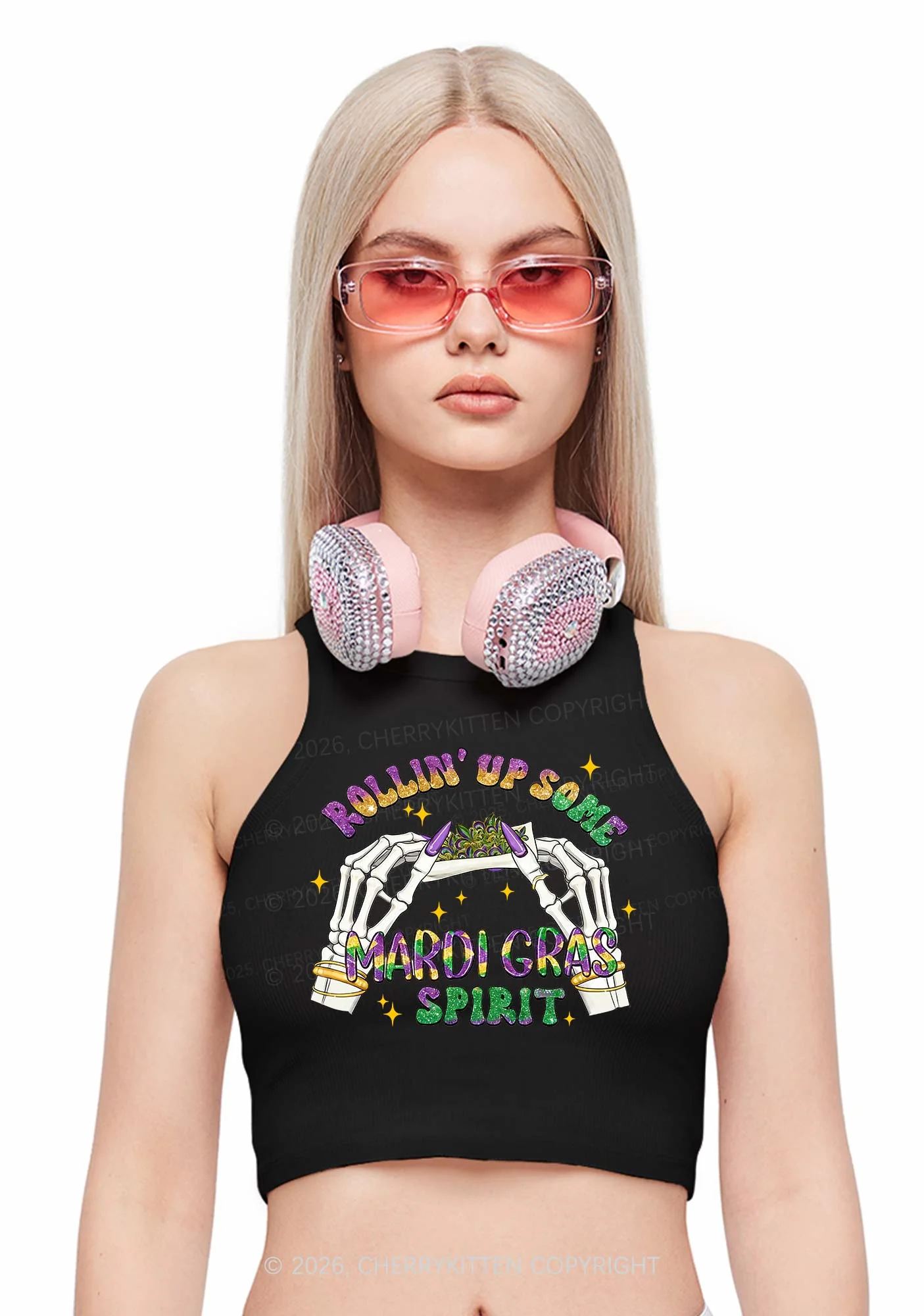 Rollin Up Mardi Gras Spirit Y2K Crop Tank Top Cherrykitten - Image 2