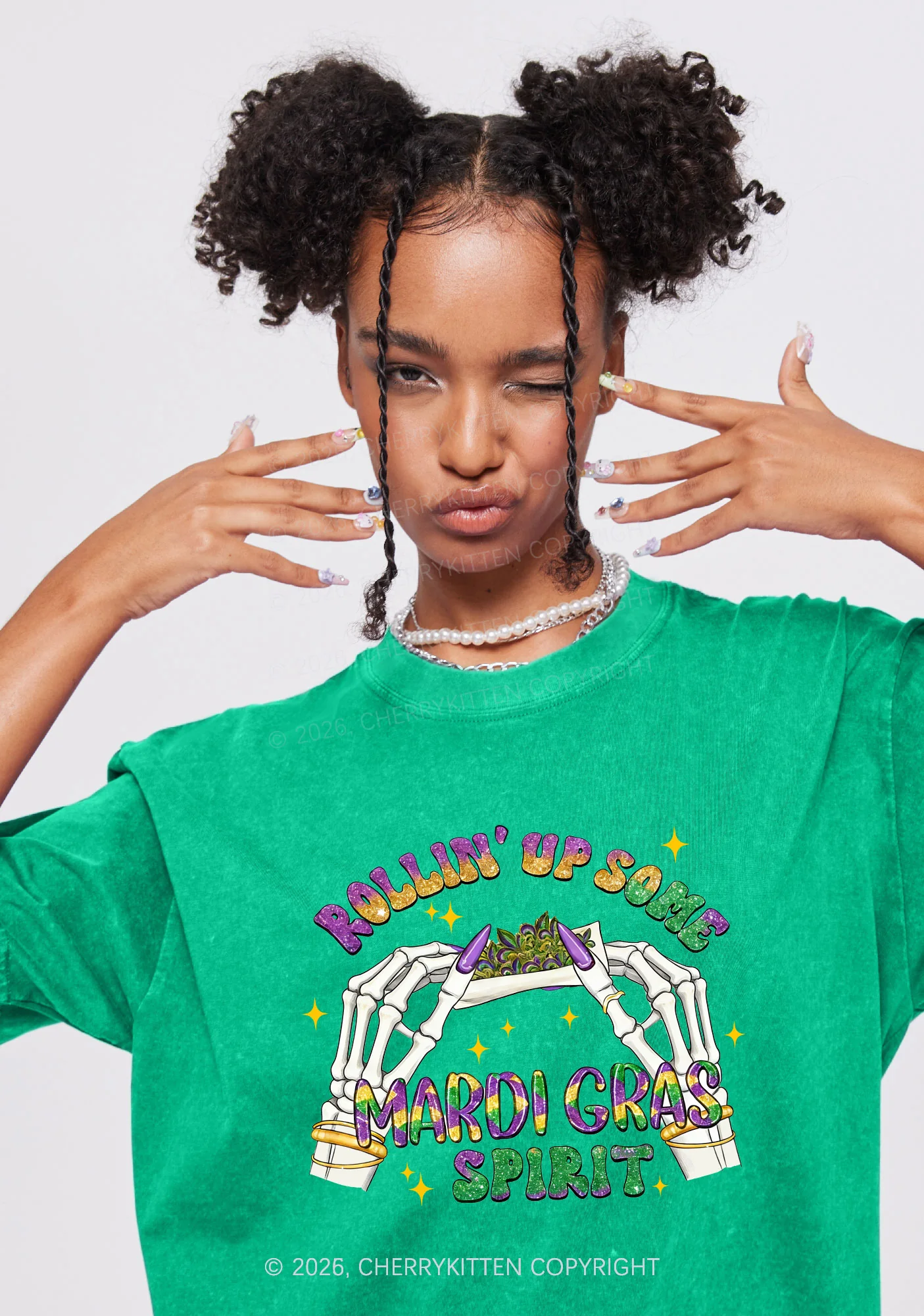 Rollin Up Mardi Gras Spirit Y2K Shirts Washed Tee Cherrykitten - Image 2
