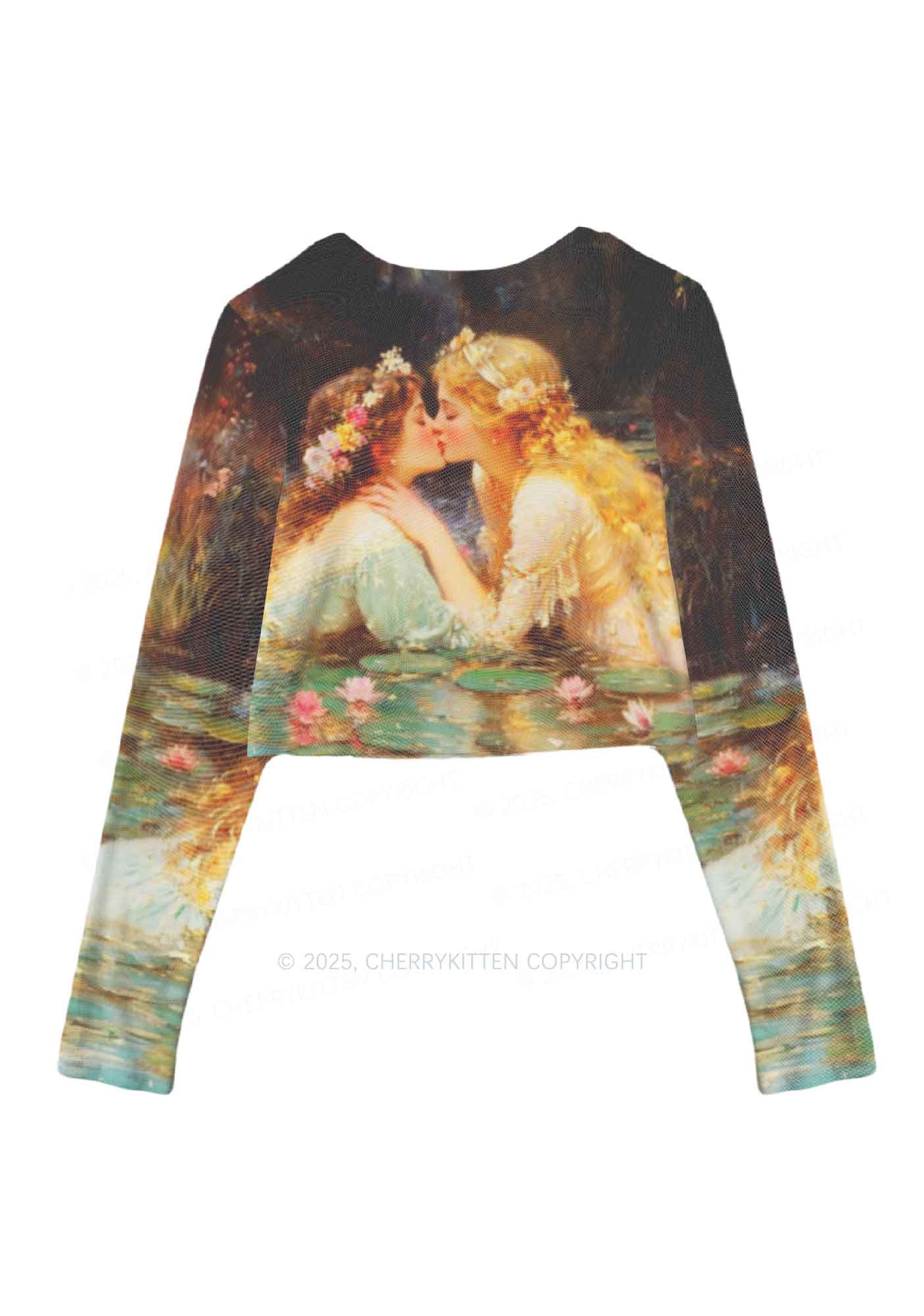 Romantic Kissing Girls Pride Y2K Mesh Long Sleeve Crop Top Cherrykitten - Image 3
