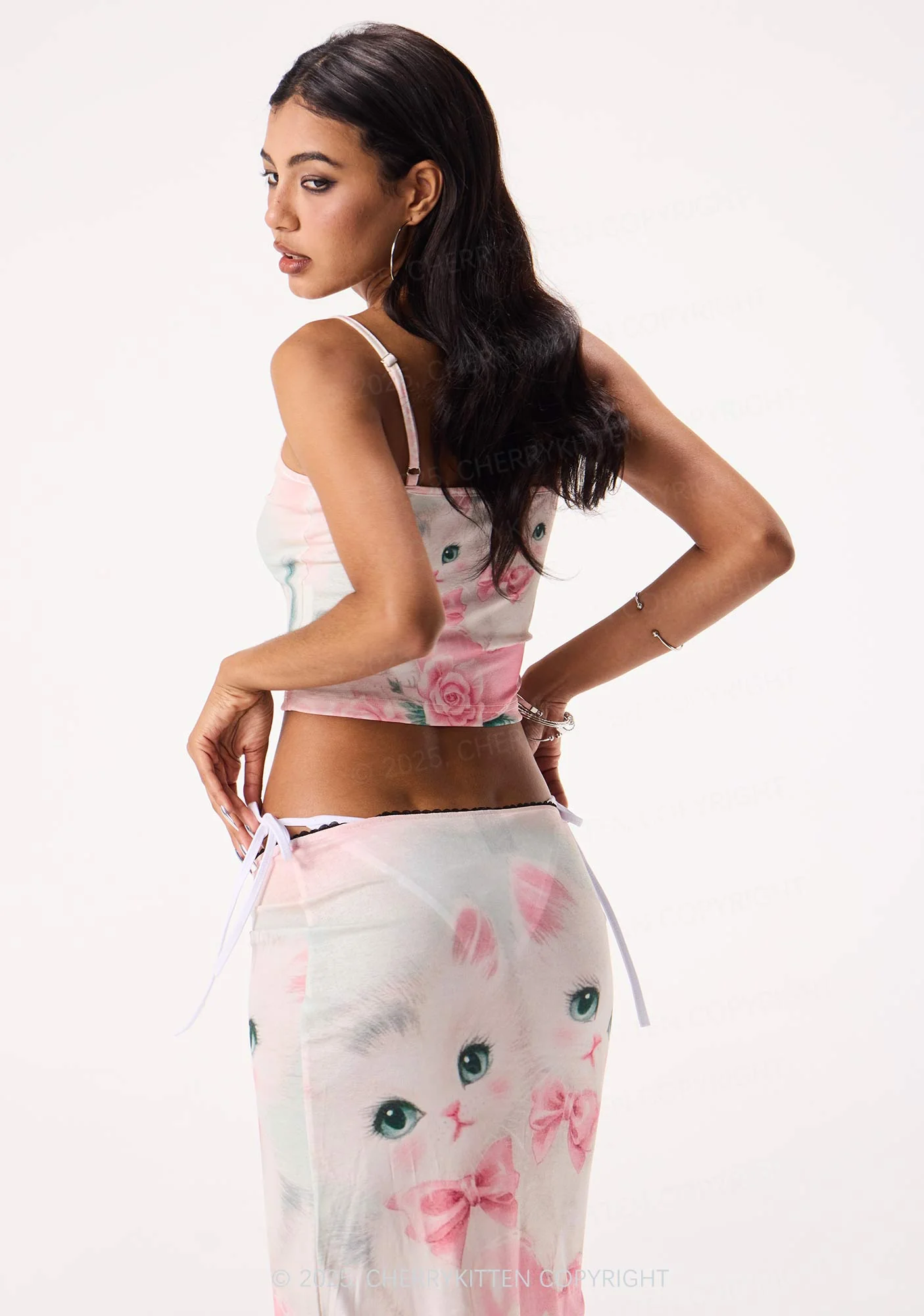 Rose Kitties Y2K Print Midi Skirt Cherrykitten - Image 4