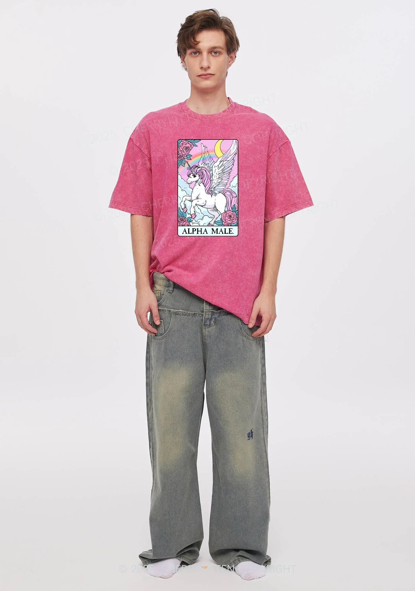 Rose Unicorn Alpha Male Y2K Shirts Washed Tee Cherrykitten - Image 2