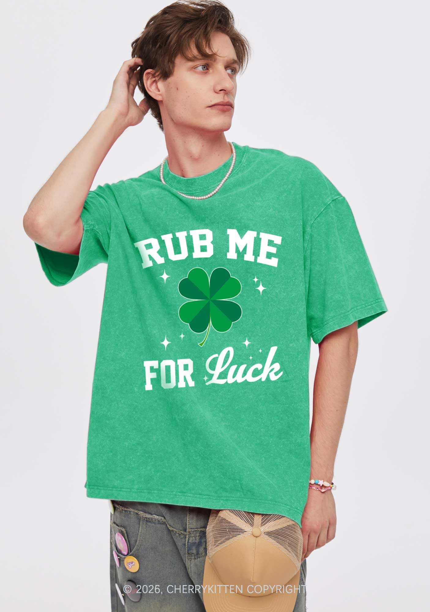 Rub Me For Luck St Patricks Y2K Shirts Washed Tee Cherrykitten - Image 2