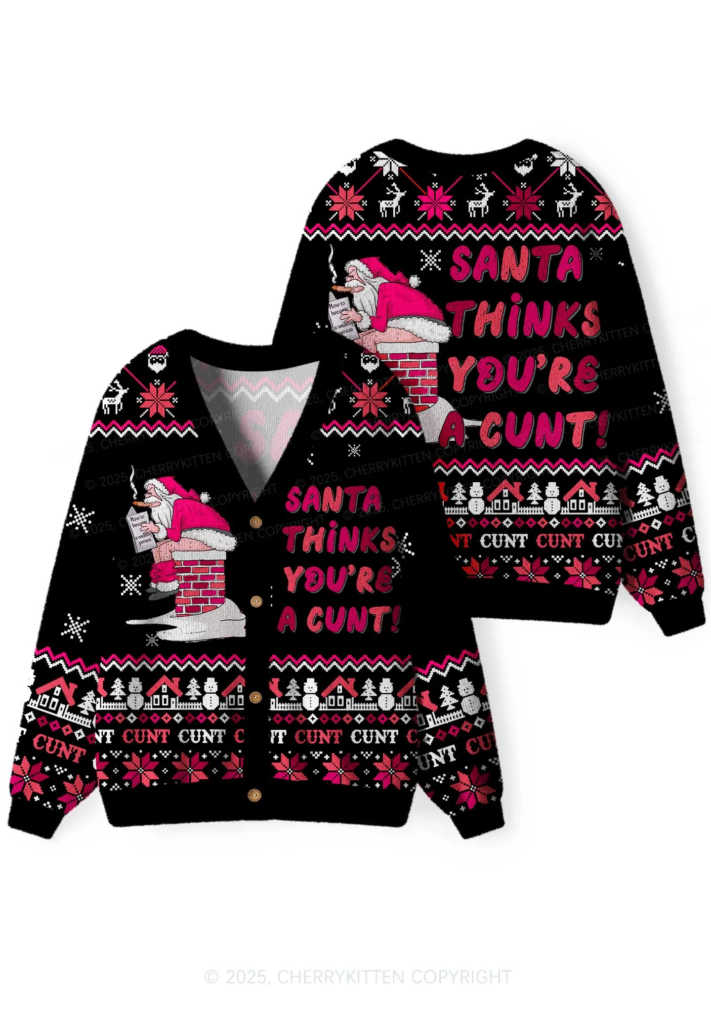 Santa Thinks Youre A Cxxt Y2K Christmas Cardigan Knit Sweatshirt Cherrykitten - Image 3