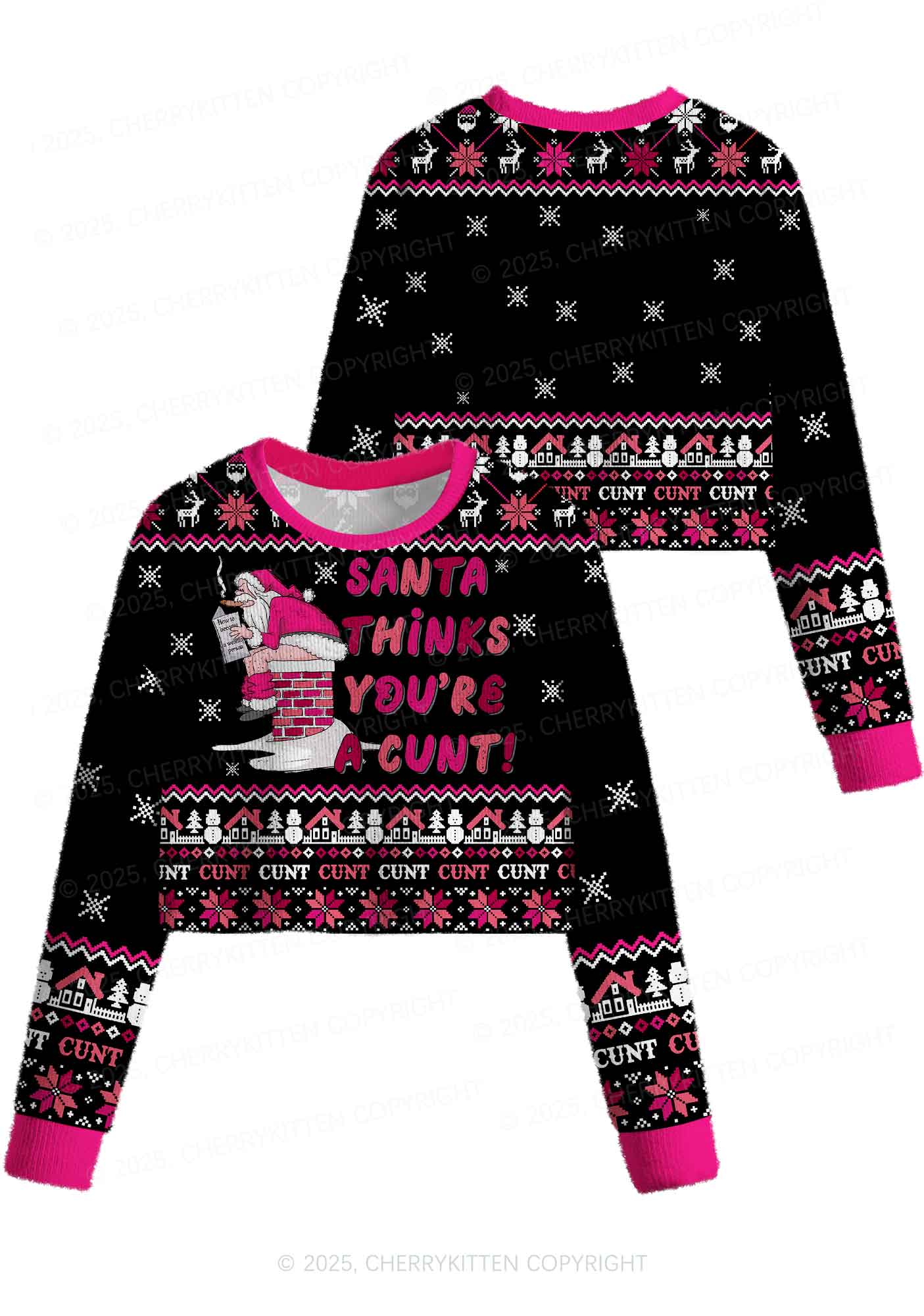 Santa Thinks Youre A Cxxt Y2K Christmas Crop Knit Sweatshirt Cherrykitten - Image 3