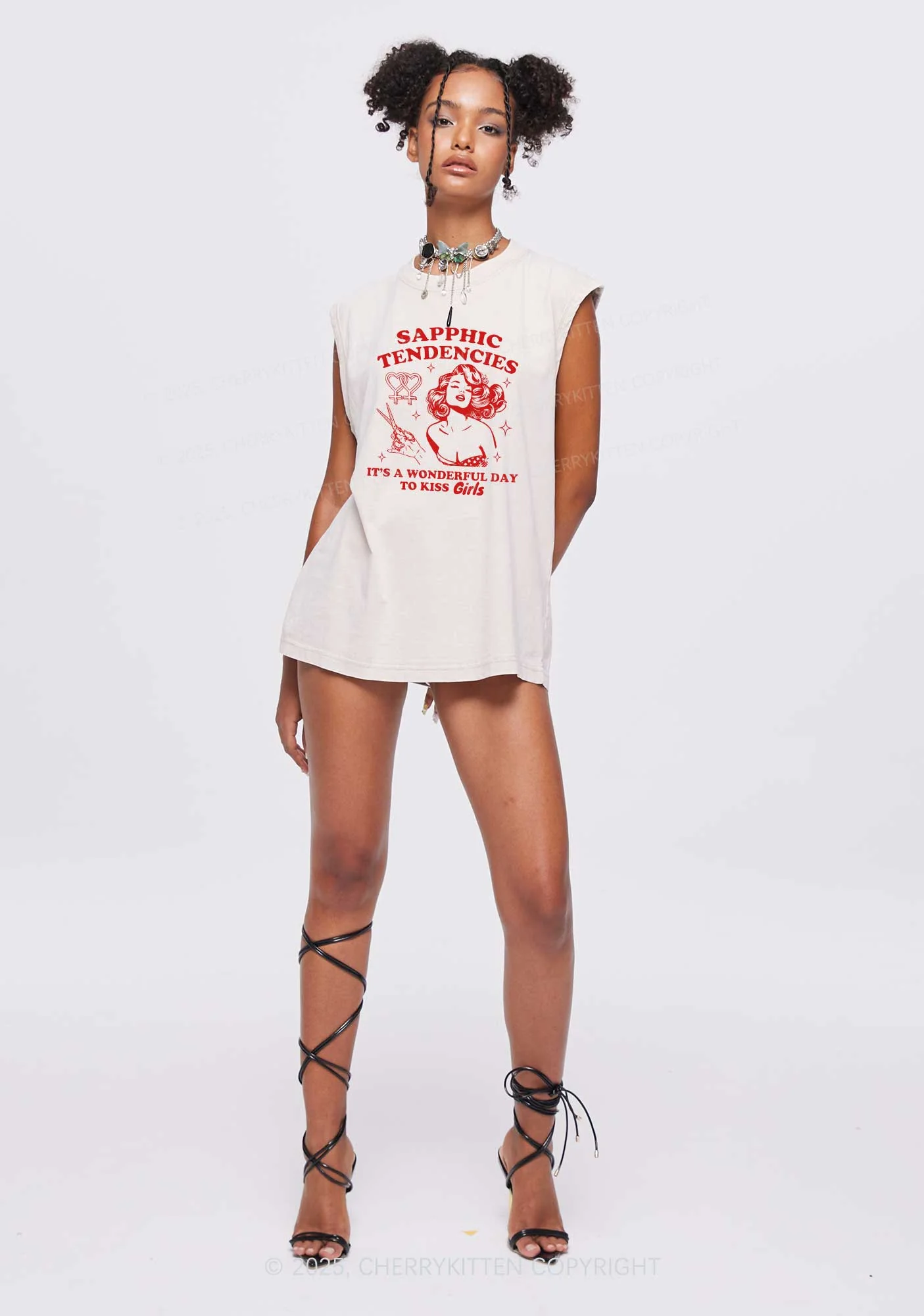 Sapphic Tendencies Kiss Girls Pride Y2K Washed Muscle Tank Cherrykitten - Image 2