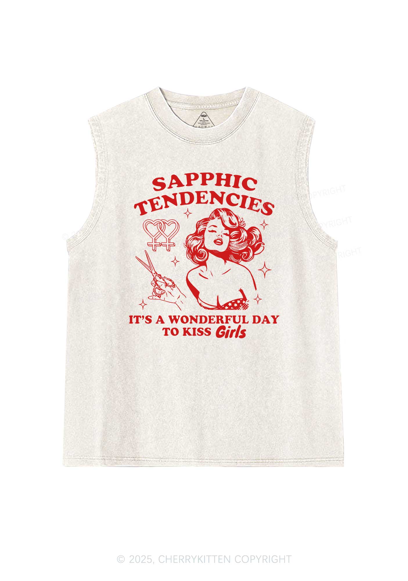 Sapphic Tendencies Kiss Girls Pride Y2K Washed Muscle Tank Cherrykitten - Image 3
