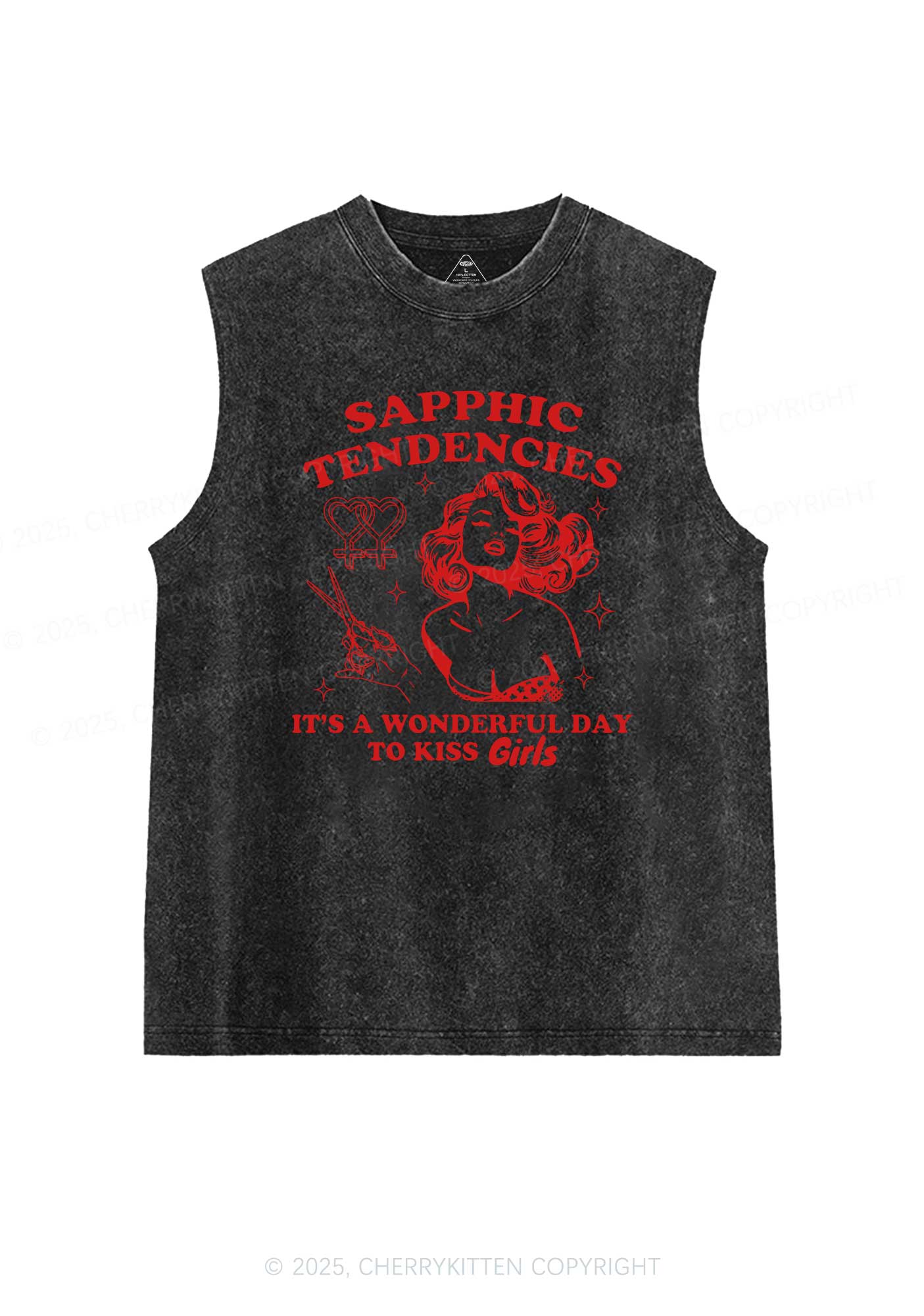 Sapphic Tendencies Kiss Girls Pride Y2K Washed Muscle Tank Cherrykitten - Image 4
