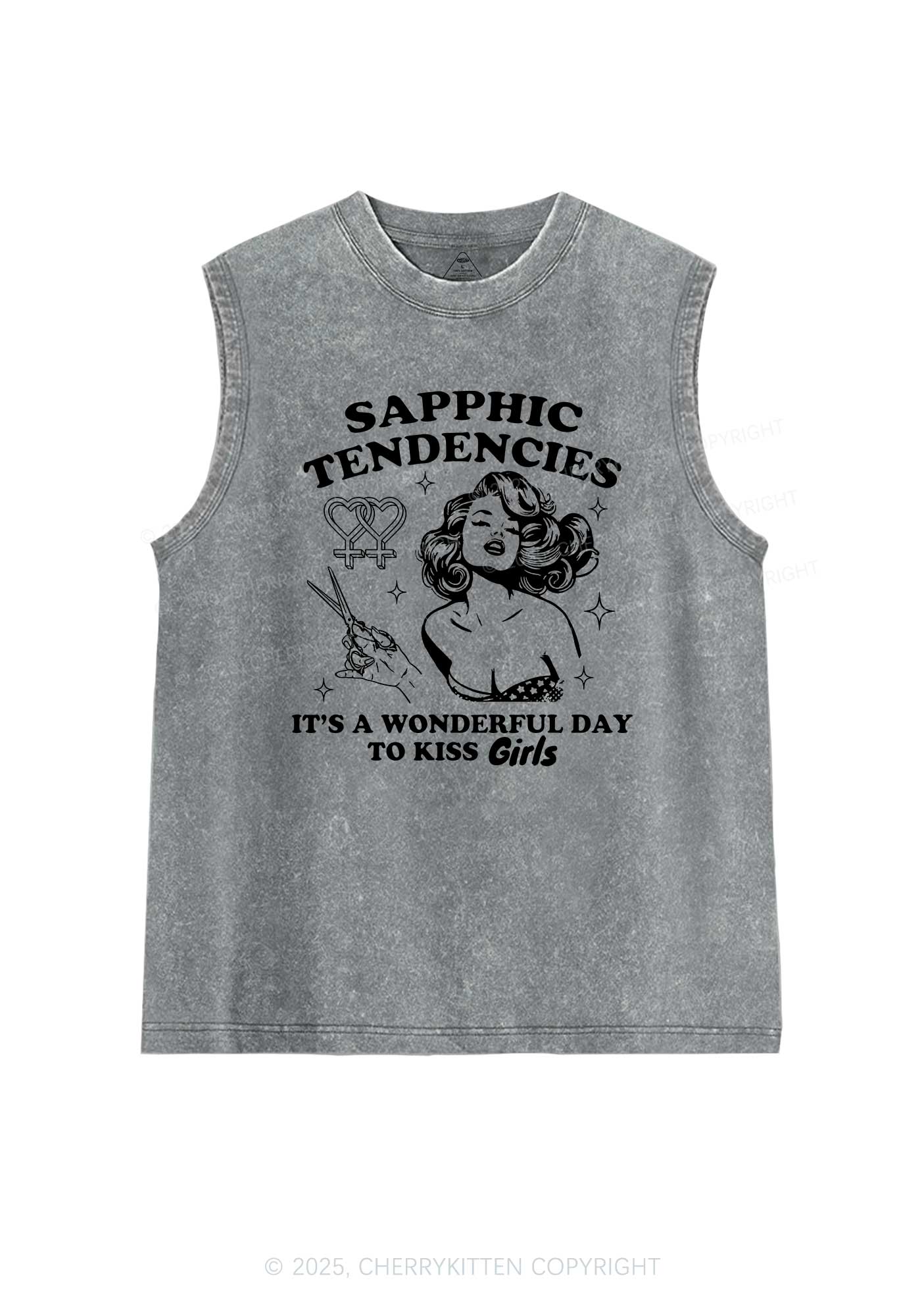 Sapphic Tendencies Kiss Girls Pride Y2K Washed Muscle Tank Cherrykitten - Image 5