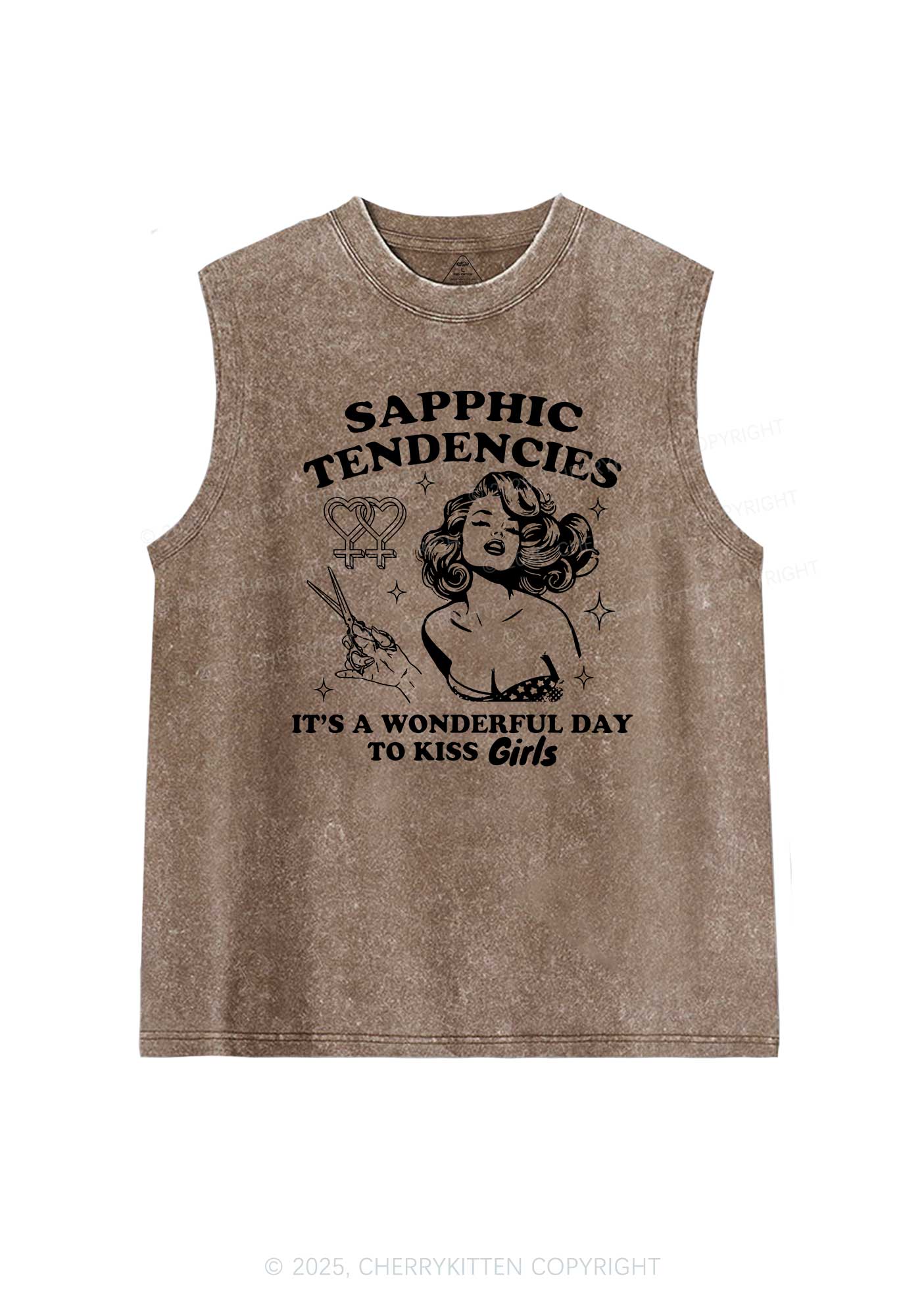 Sapphic Tendencies Kiss Girls Pride Y2K Washed Muscle Tank Cherrykitten - Image 6