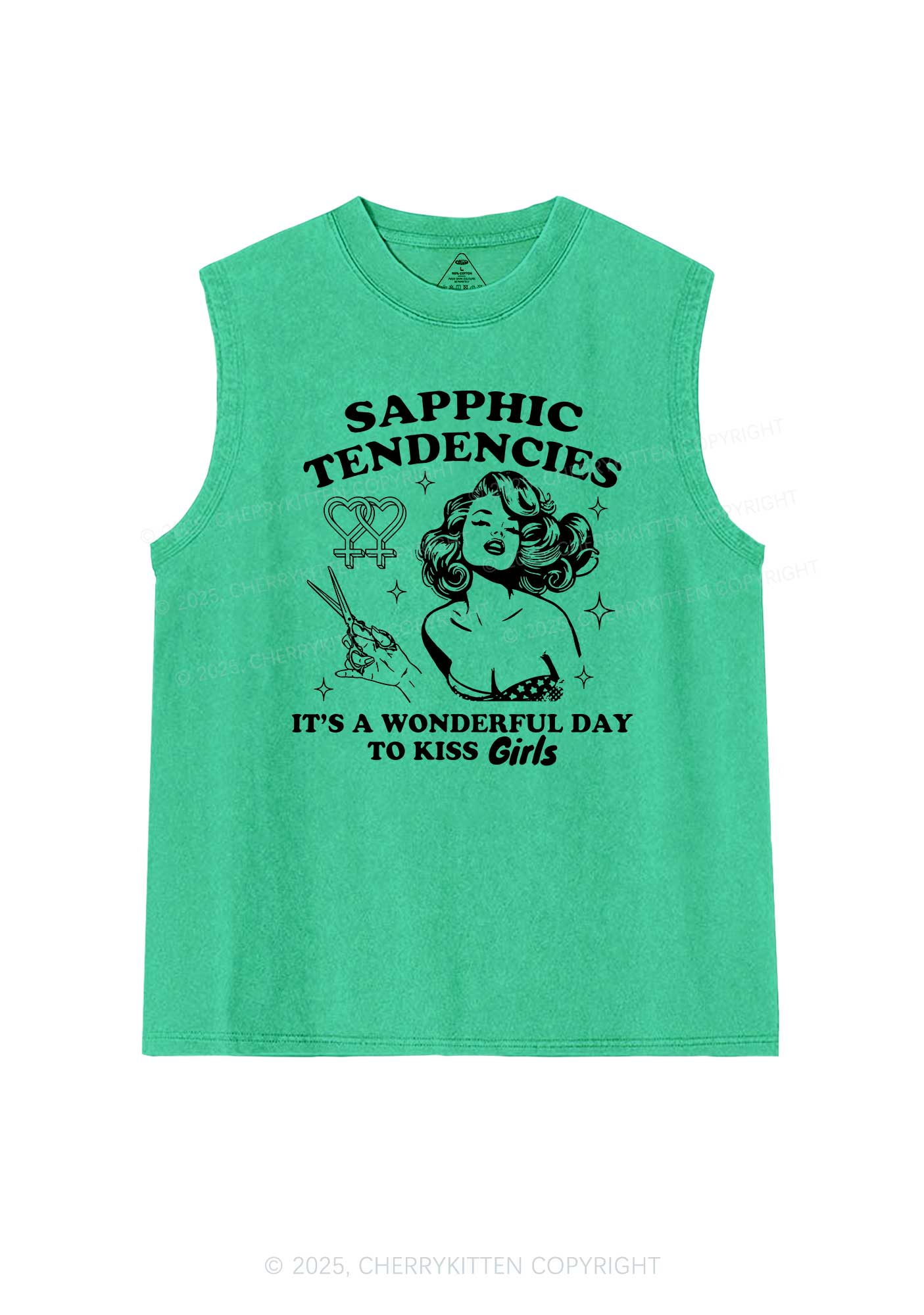 Sapphic Tendencies Kiss Girls Pride Y2K Washed Muscle Tank Cherrykitten - Image 7