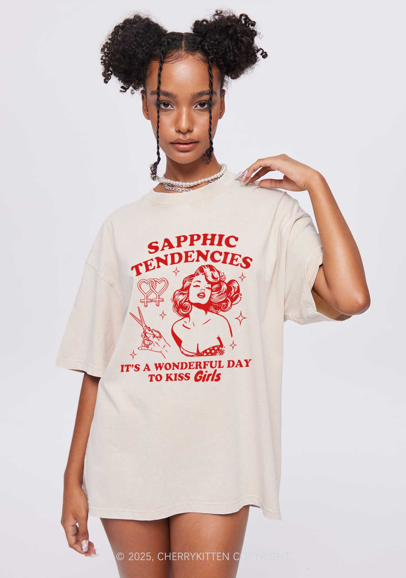 Sapphic Tendencies Kiss Girls Y2K Shirts Washed Tee Cherrykitten - Image 2