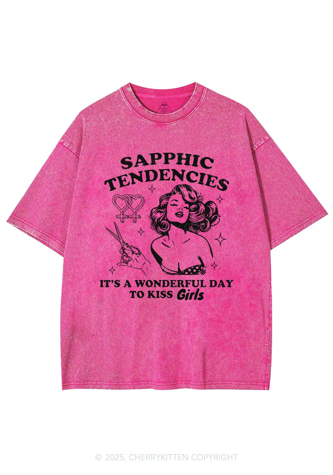 Sapphic Tendencies Kiss Girls Y2K Shirts Washed Tee Cherrykitten - Image 3