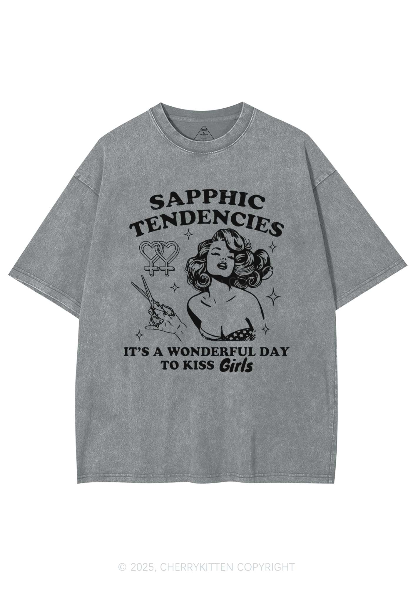 Sapphic Tendencies Kiss Girls Y2K Shirts Washed Tee Cherrykitten - Image 7