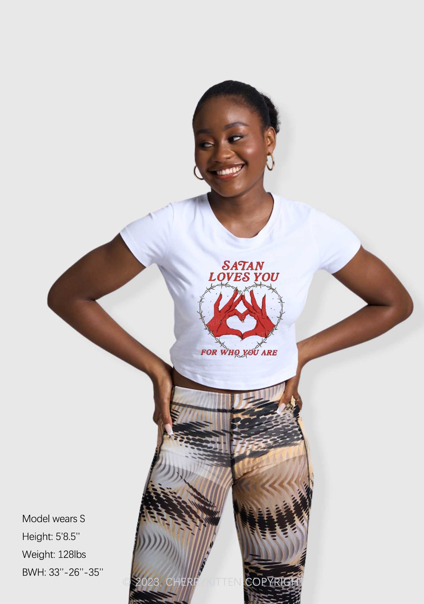 Satan Loves You Heart Halloween Y2K Baby Tee Cherrykitten - Image 2