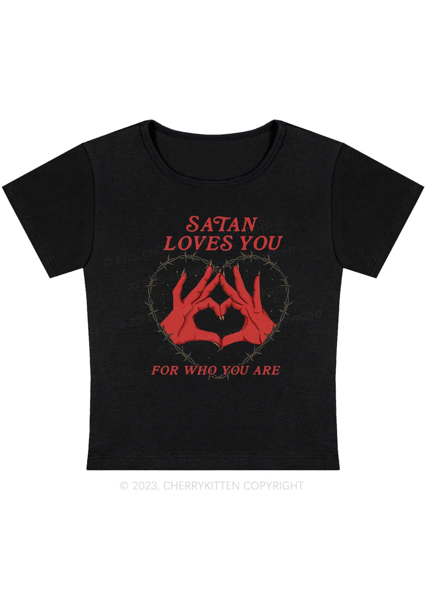 Satan Loves You Heart Halloween Y2K Baby Tee Cherrykitten - Image 3