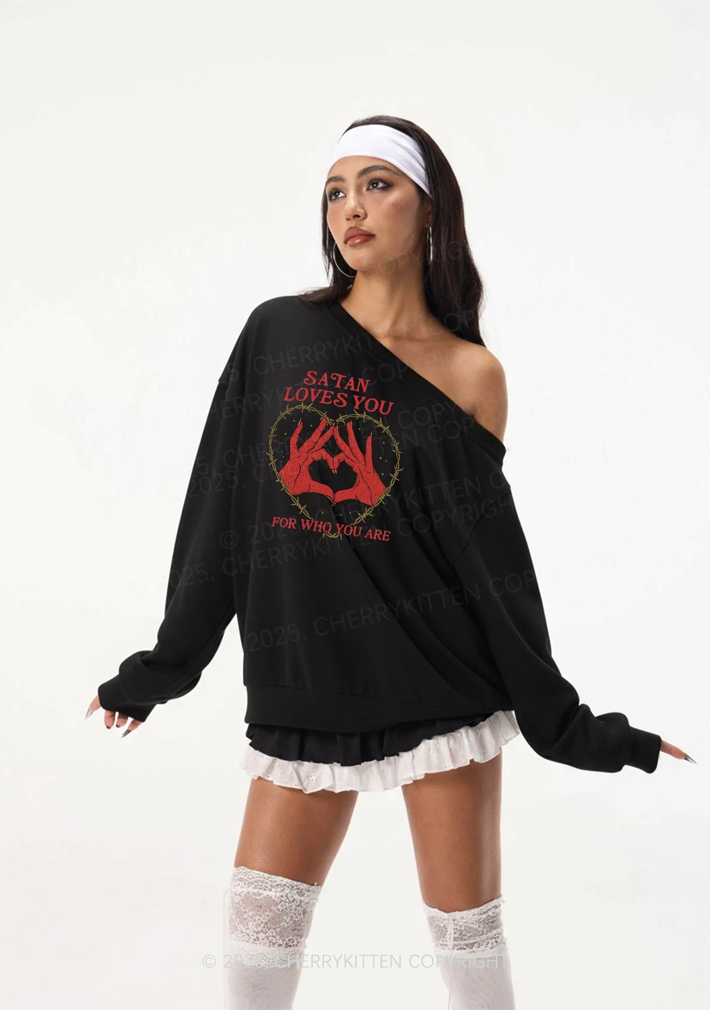 Satan Loves You Heart Halloween Y2K Off Shoulder Sweatshirts Cherrykitten - Image 2
