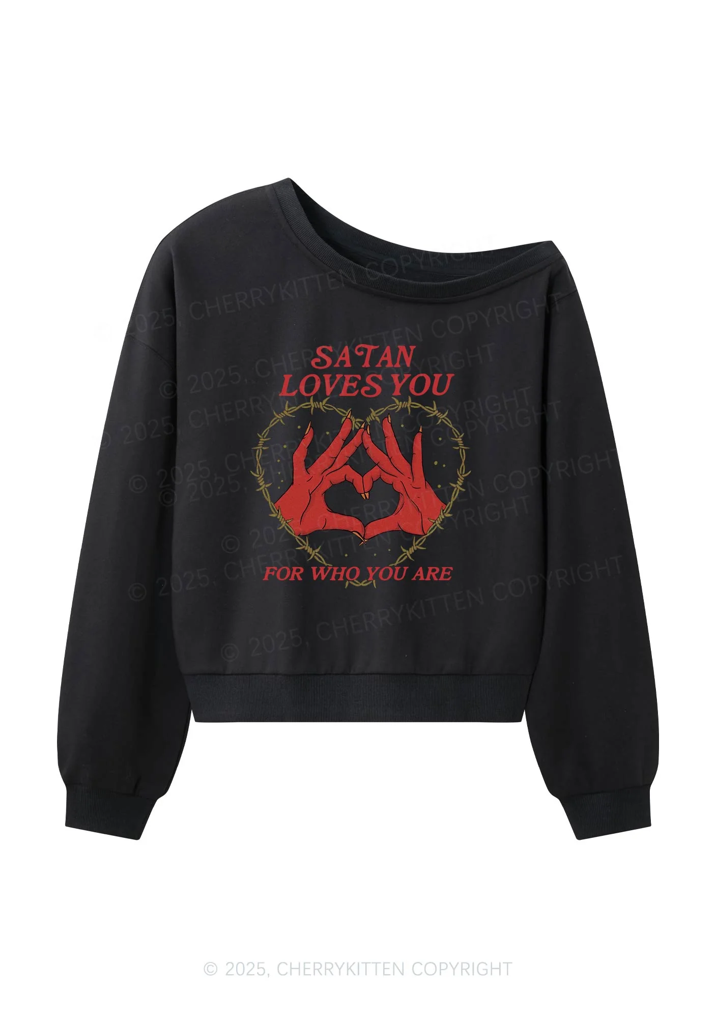 Satan Loves You Heart Halloween Y2K Off Shoulder Sweatshirts Cherrykitten - Image 3
