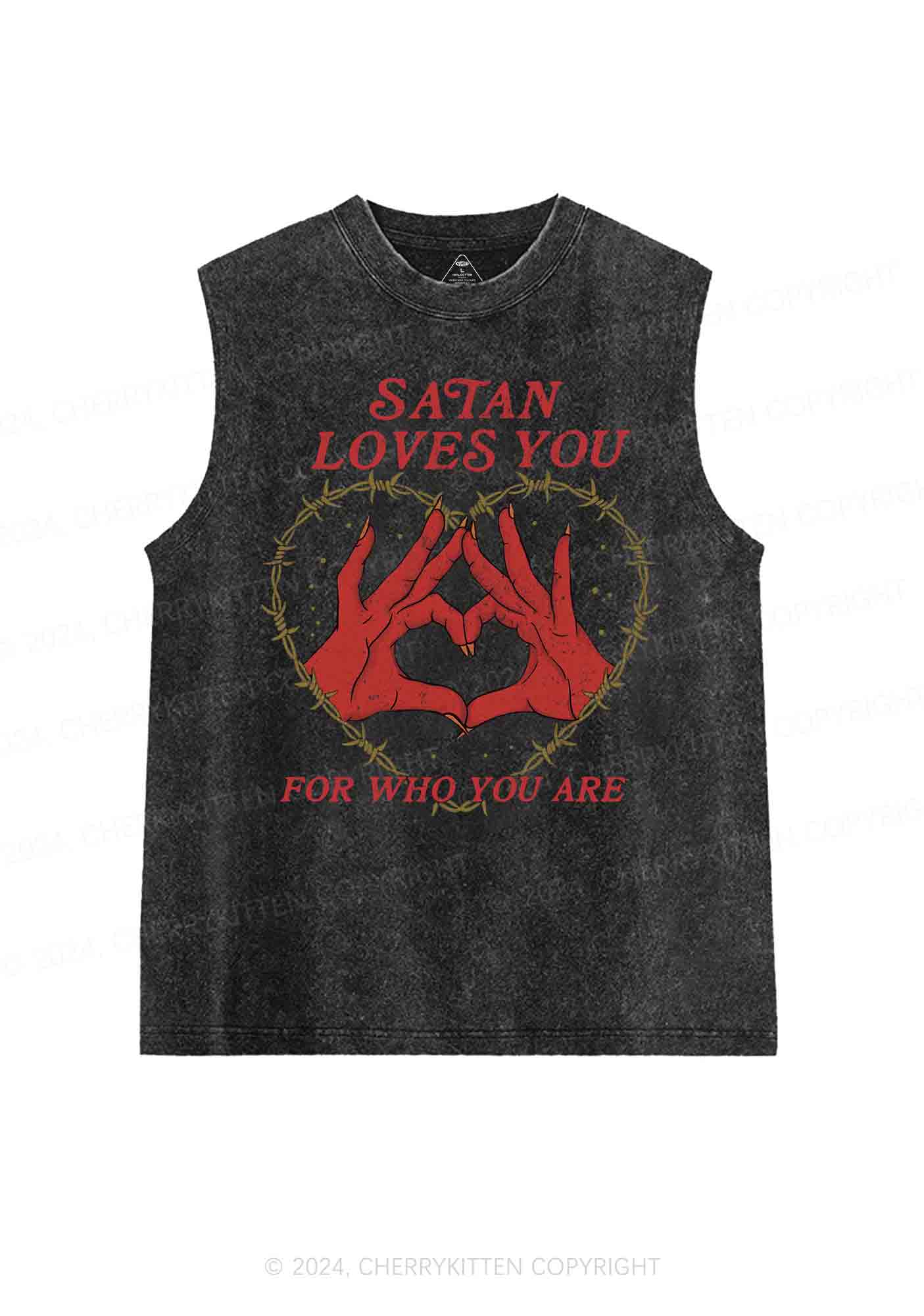 Satan Loves You Heart Halloween Y2K Washed Tank Cherrykitten - Image 5
