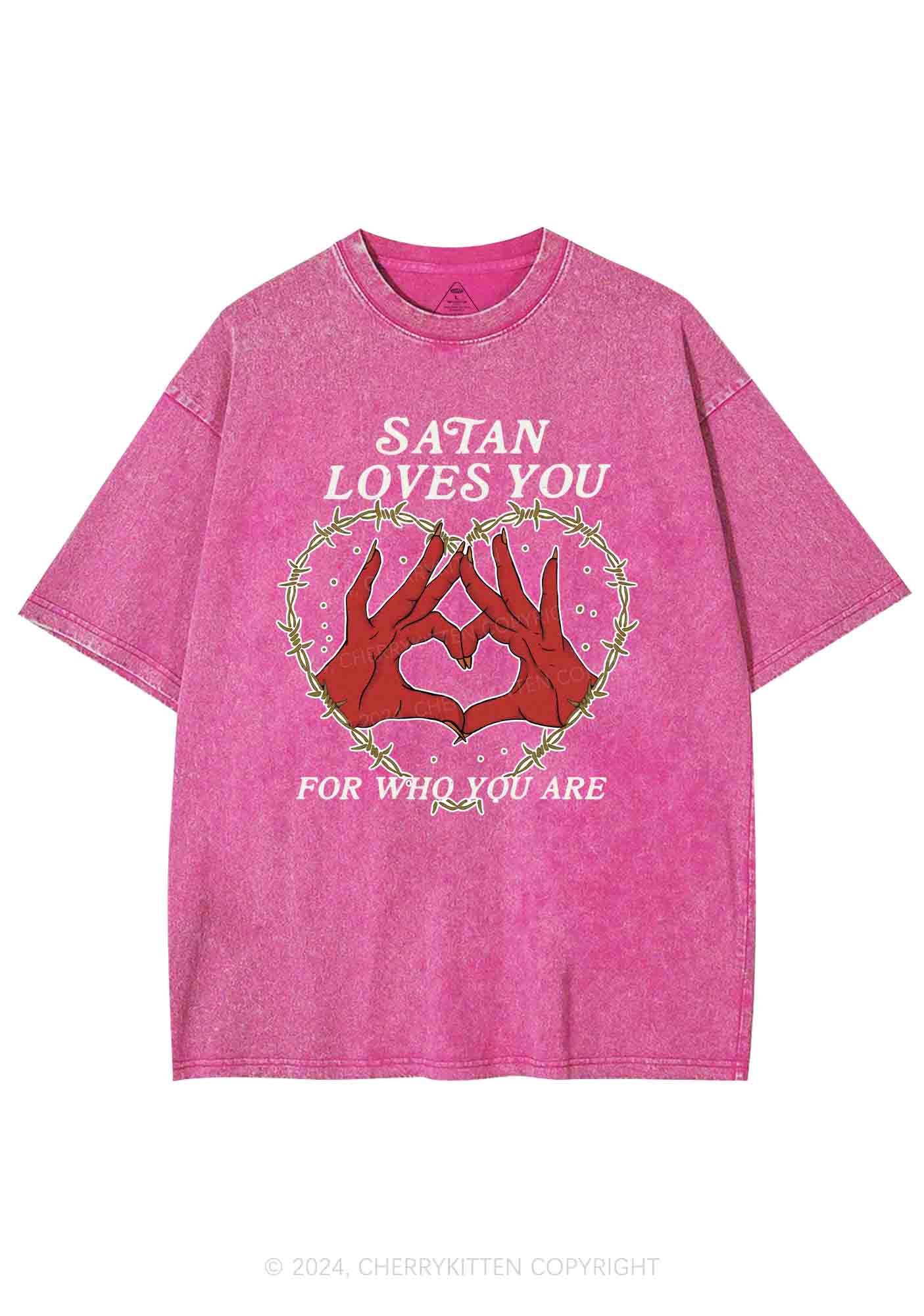 Satan Loves You Heart Halloween Y2K Washed Tee Cherrykitten - Image 3