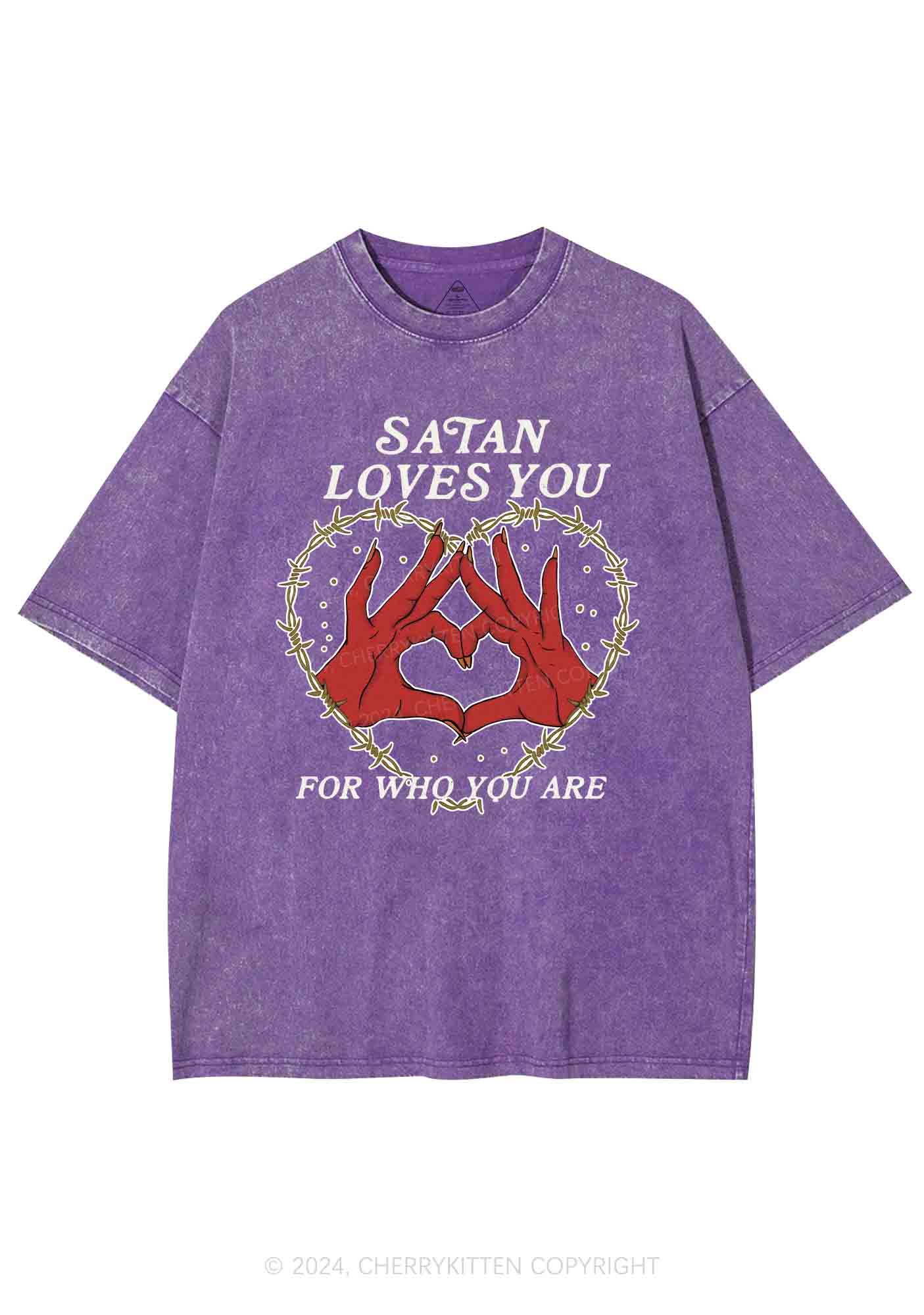 Satan Loves You Heart Halloween Y2K Washed Tee Cherrykitten - Image 4