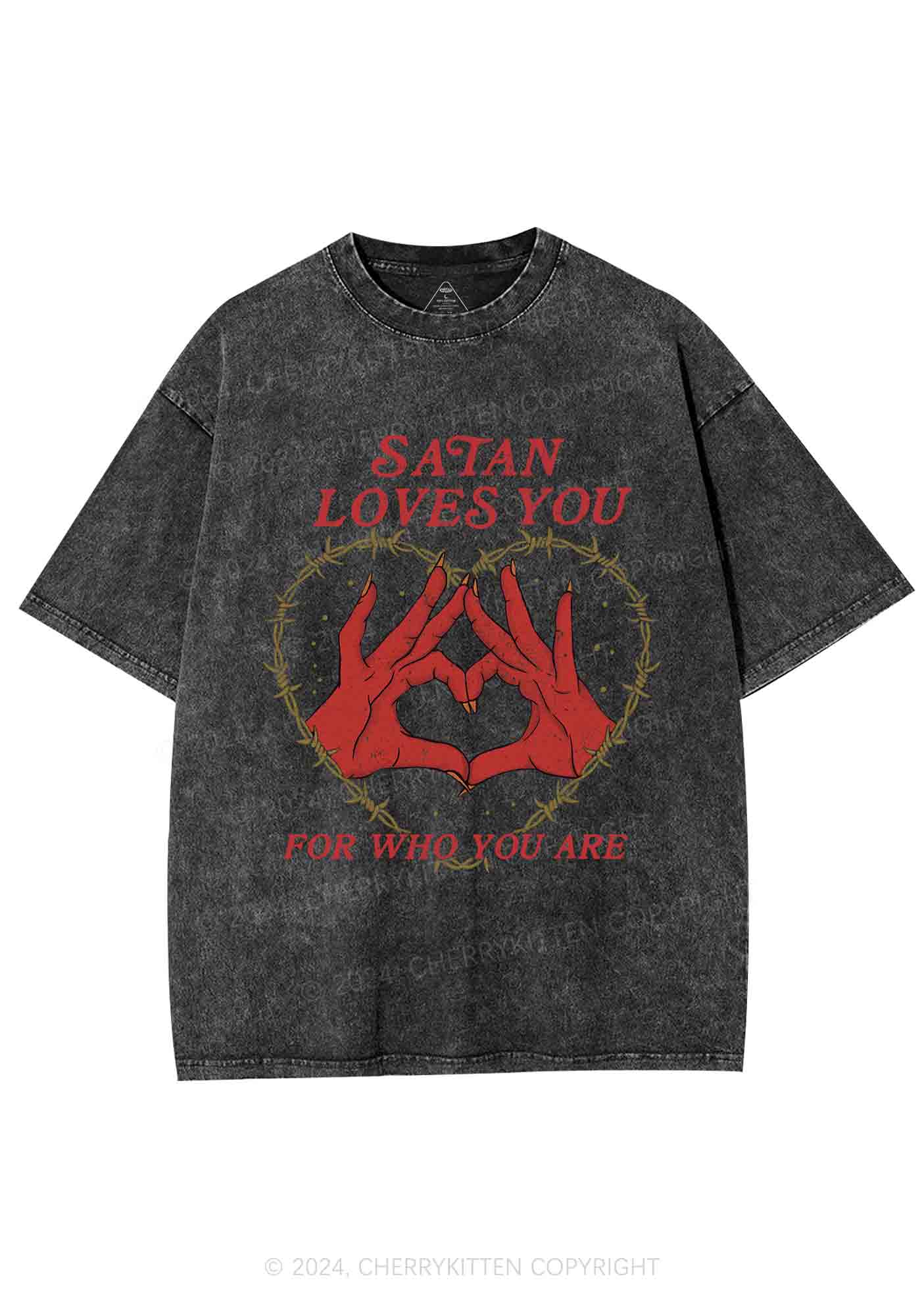 Satan Loves You Heart Halloween Y2K Washed Tee Cherrykitten - Image 5