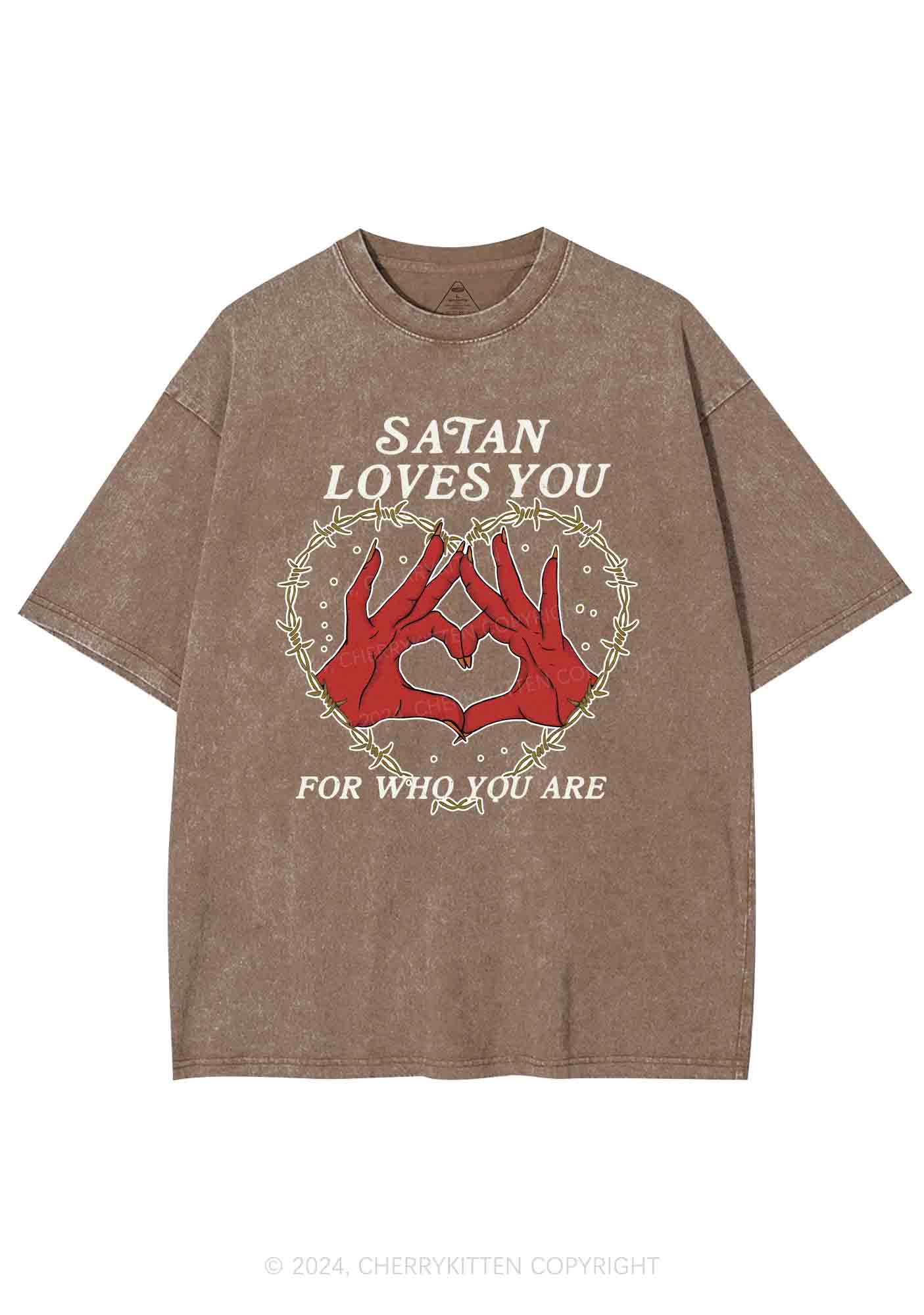 Satan Loves You Heart Halloween Y2K Washed Tee Cherrykitten - Image 6
