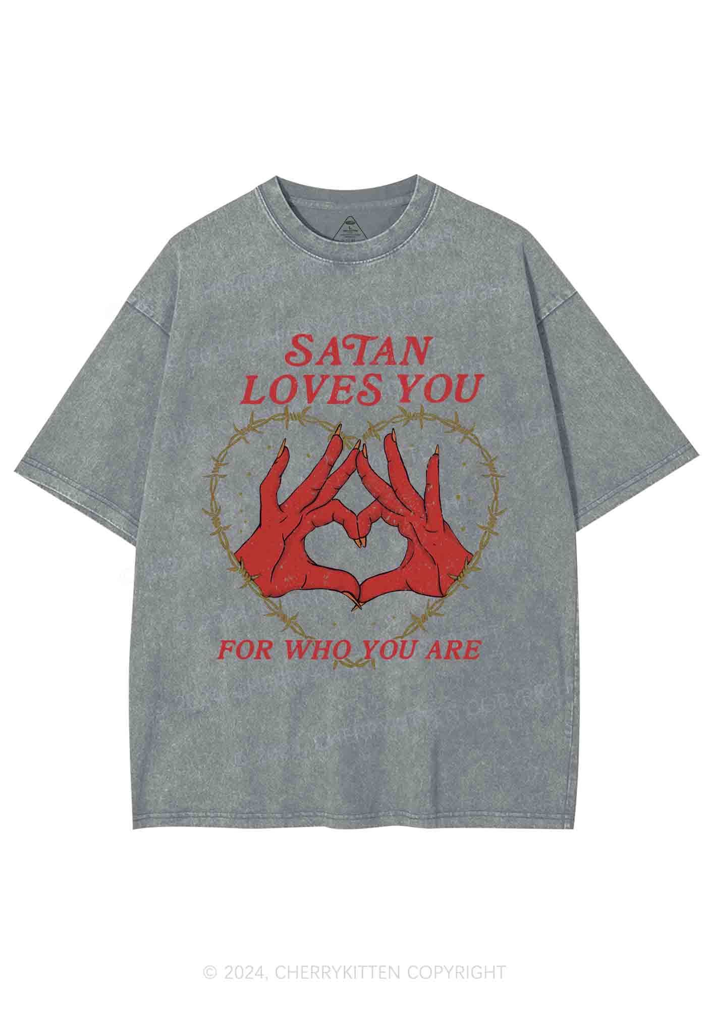 Satan Loves You Heart Halloween Y2K Washed Tee Cherrykitten - Image 7