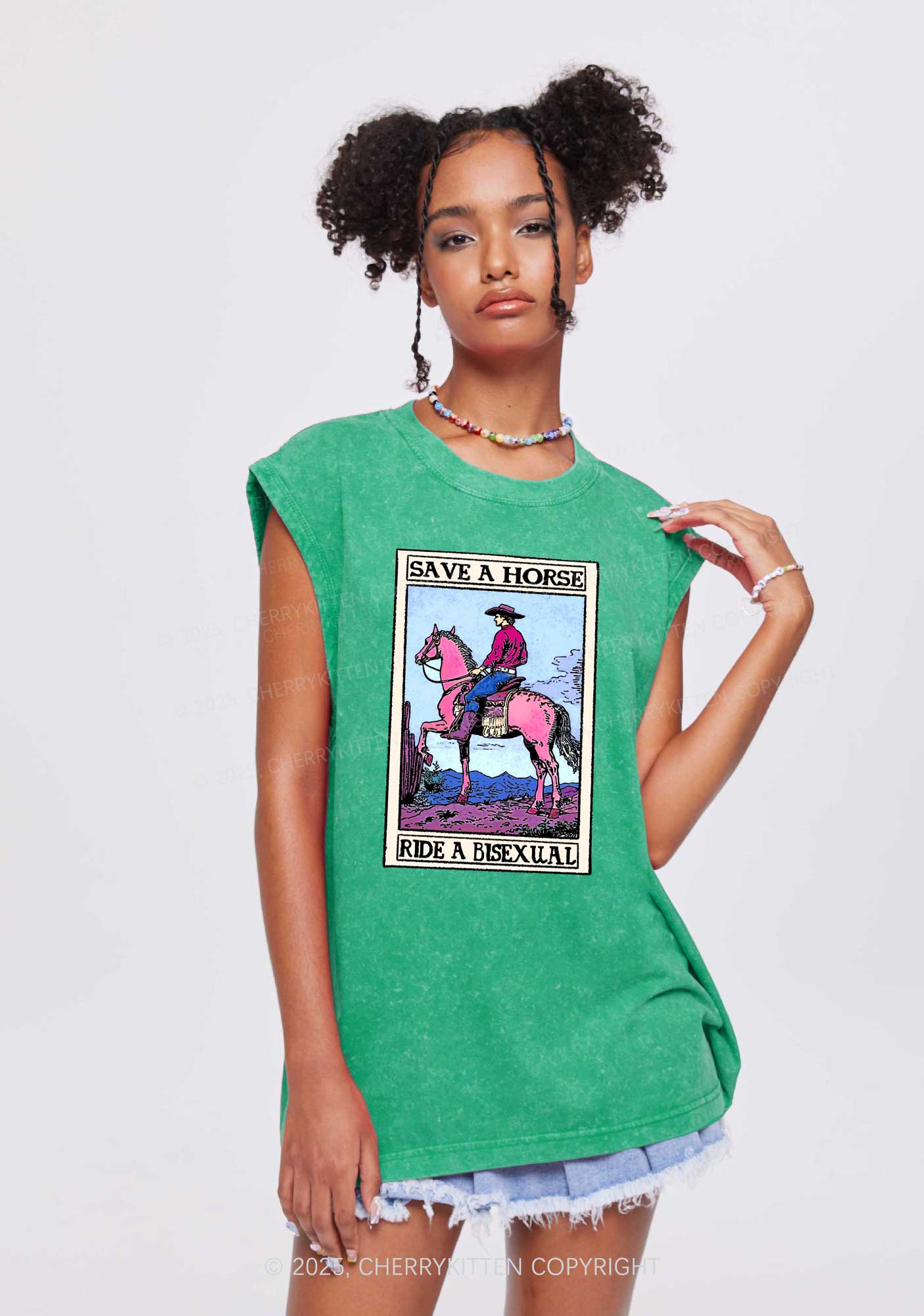Save Horse Ride Bisexual Pride Y2K Washed Muscle Tank Cherrykitten - Image 2
