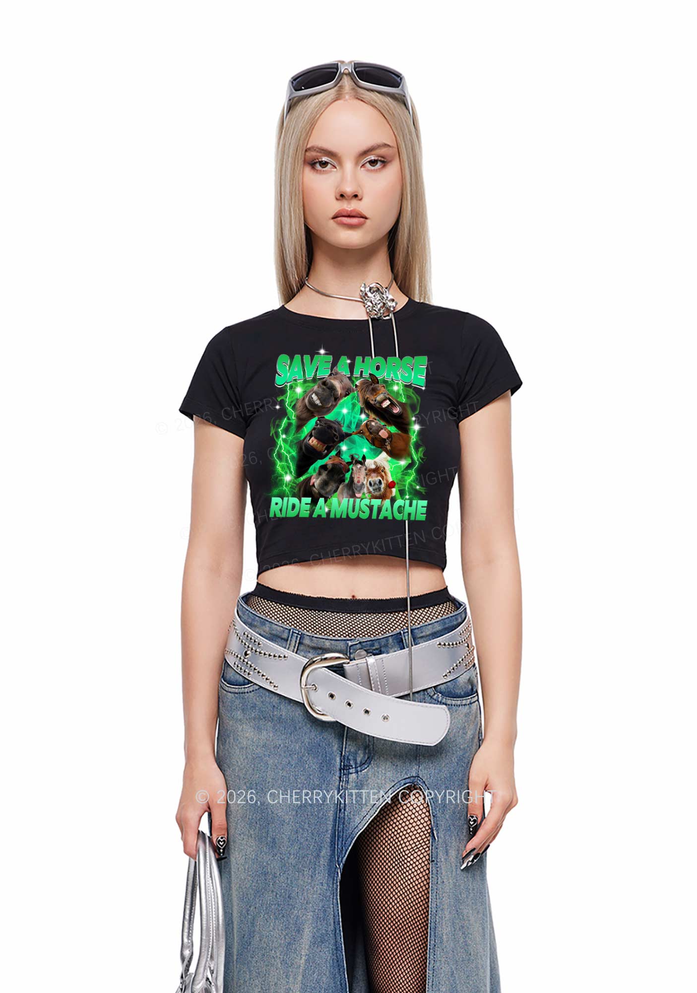 Save Horse Ride Mustache Y2K Baby Tee Cherrykitten - Image 2