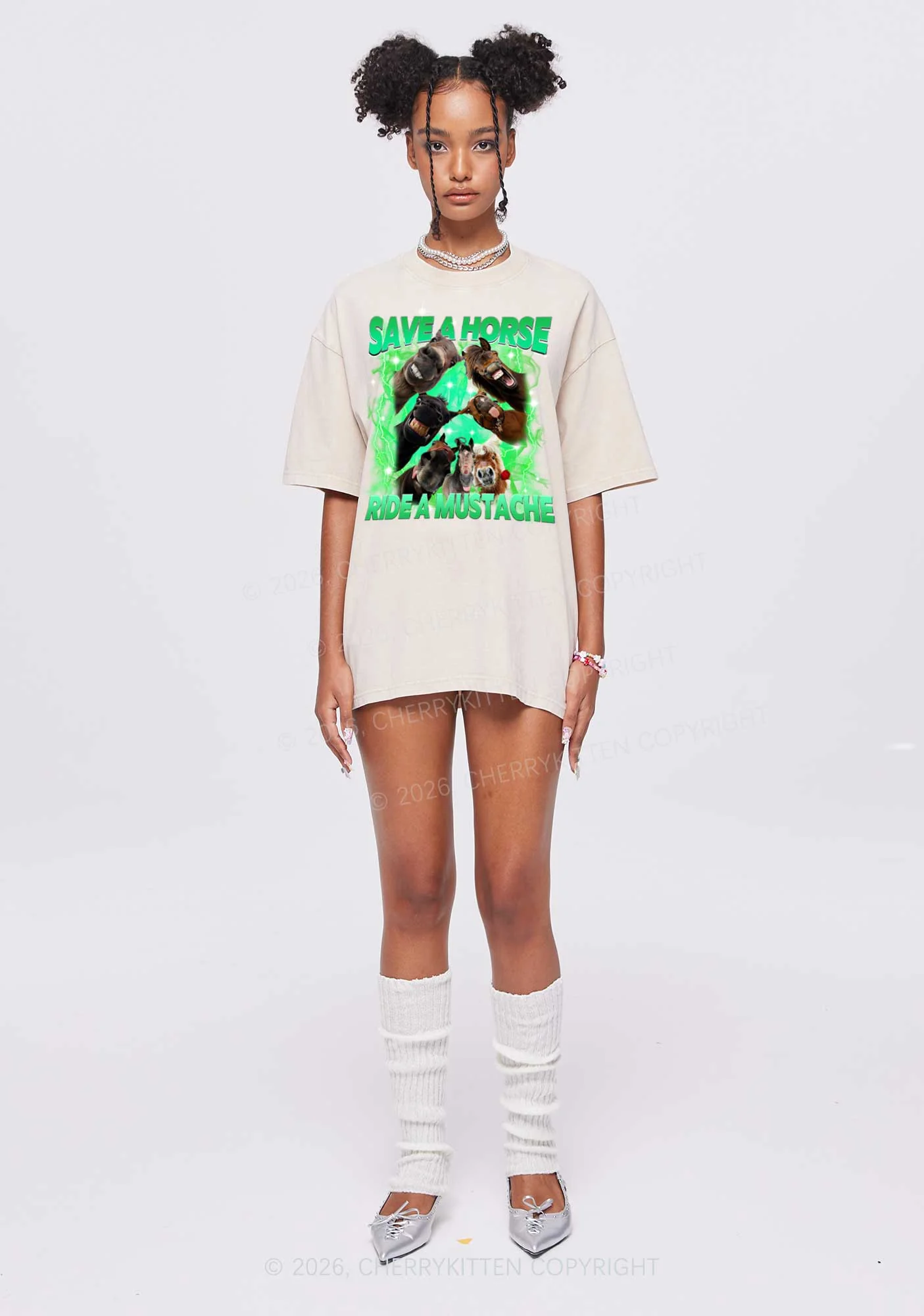 Save Horse Ride Mustache Y2K Shirts Washed Tee Cherrykitten - Image 2