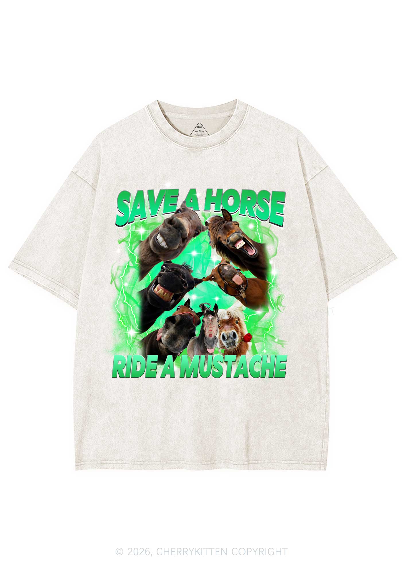 Save Horse Ride Mustache Y2K Shirts Washed Tee Cherrykitten - Image 3