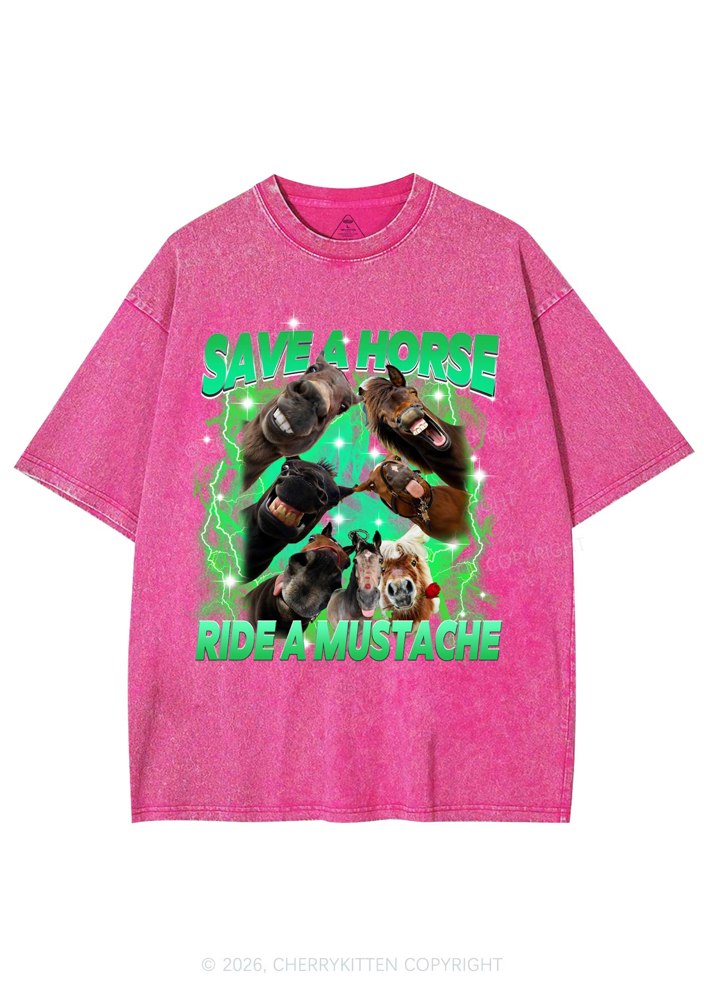 Save Horse Ride Mustache Y2K Shirts Washed Tee Cherrykitten - Image 4