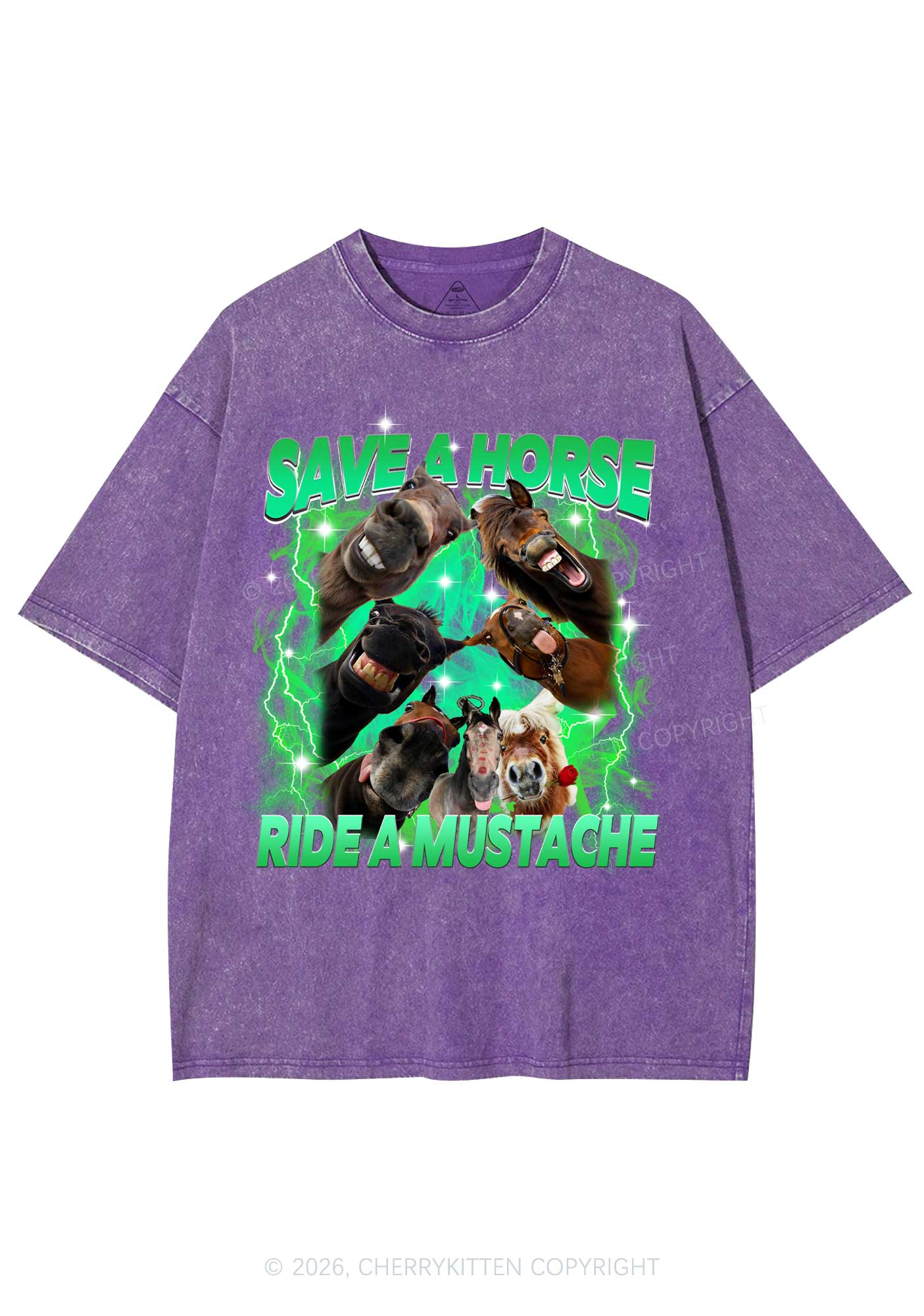 Save Horse Ride Mustache Y2K Shirts Washed Tee Cherrykitten - Image 5