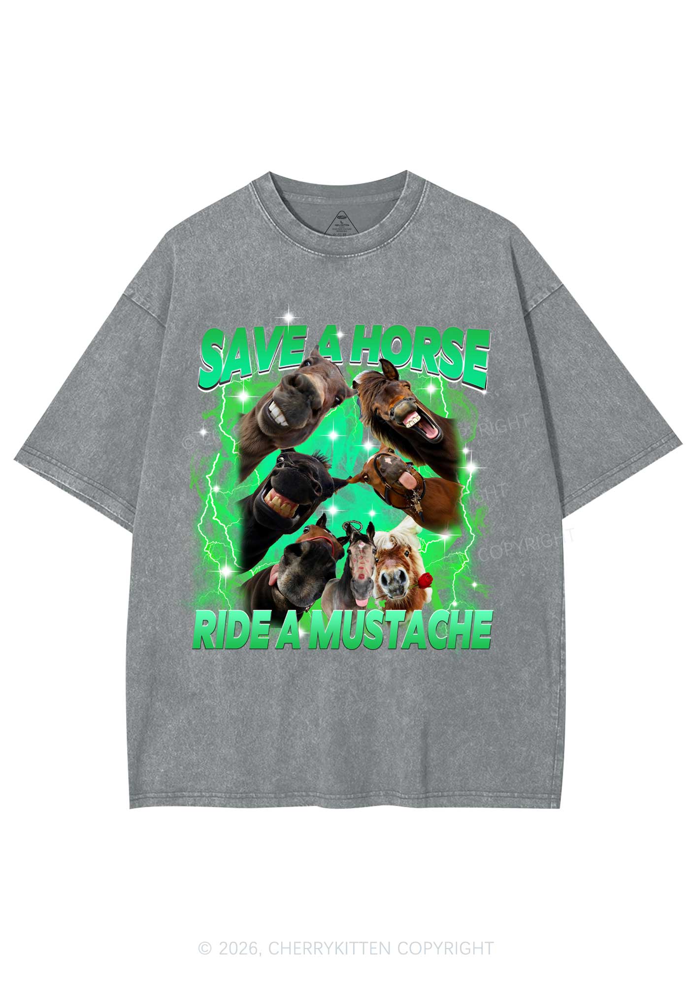 Save Horse Ride Mustache Y2K Shirts Washed Tee Cherrykitten - Image 6