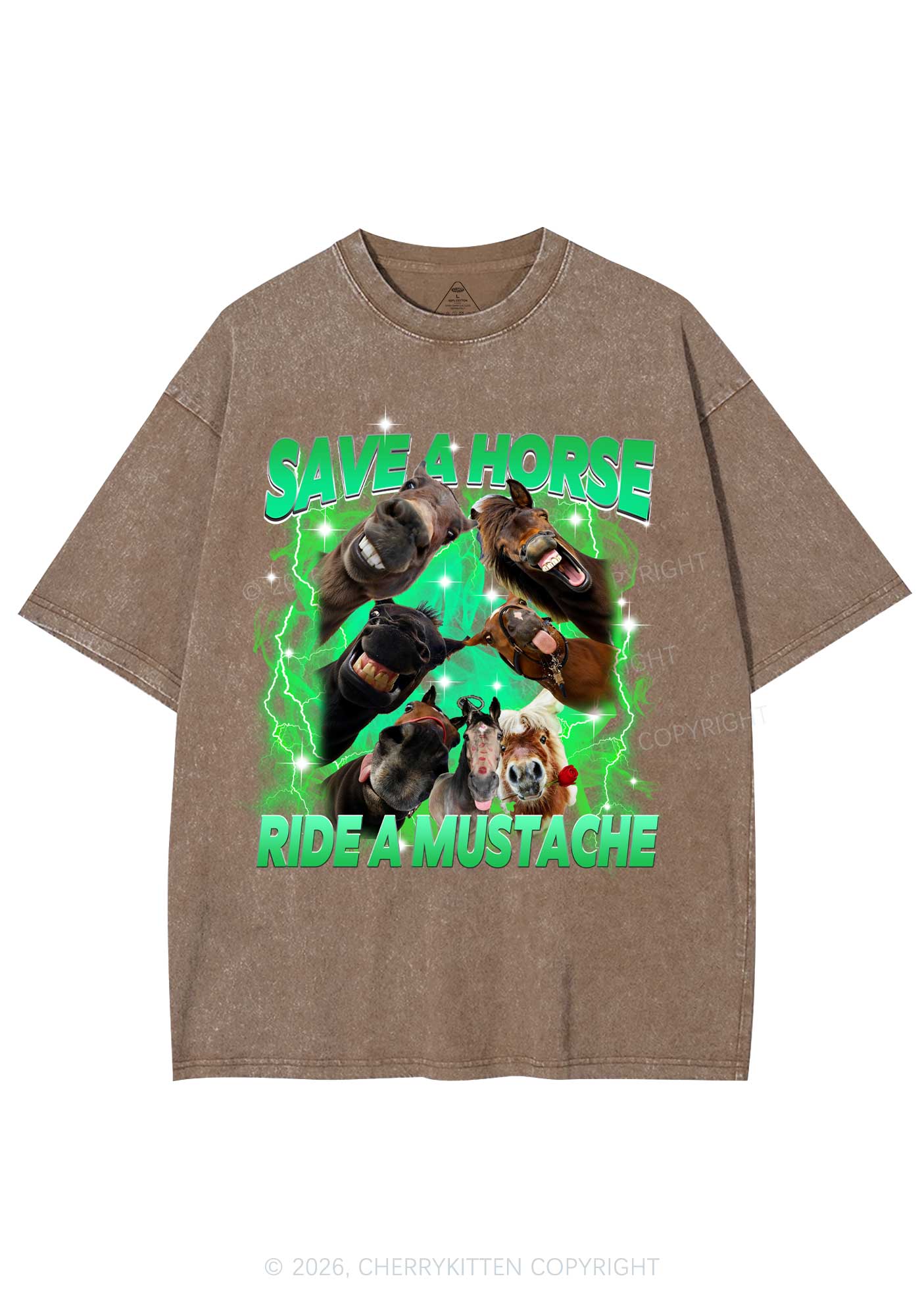 Save Horse Ride Mustache Y2K Shirts Washed Tee Cherrykitten - Image 7