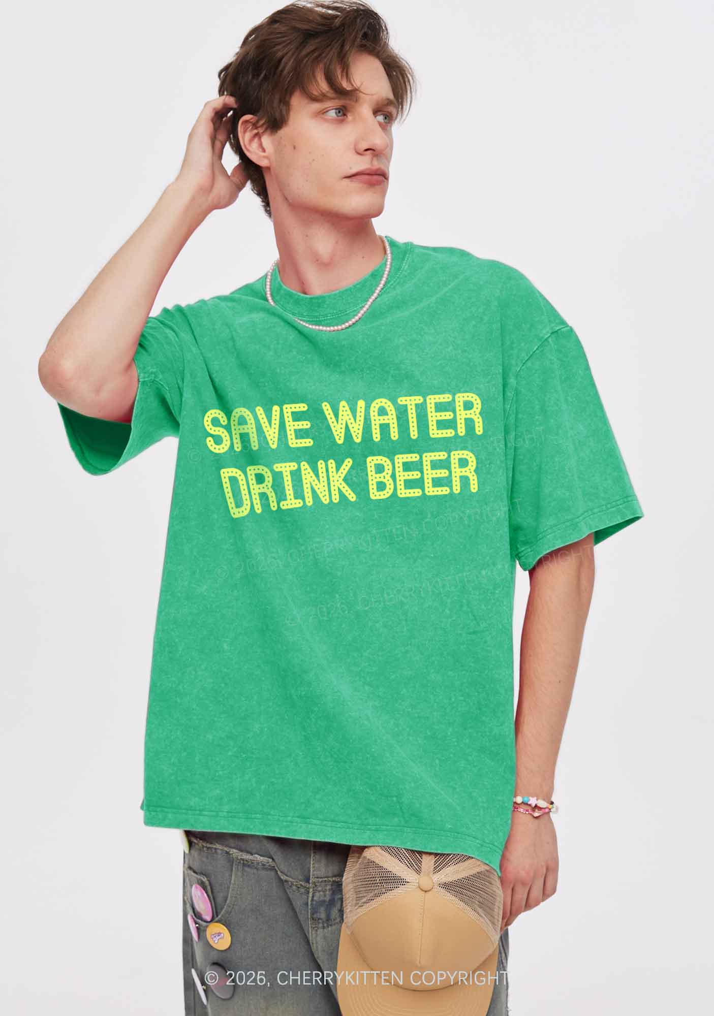 Save Water Drink Beer St Patricks Y2K Shirts Washed Tee Cherrykitten - Image 2