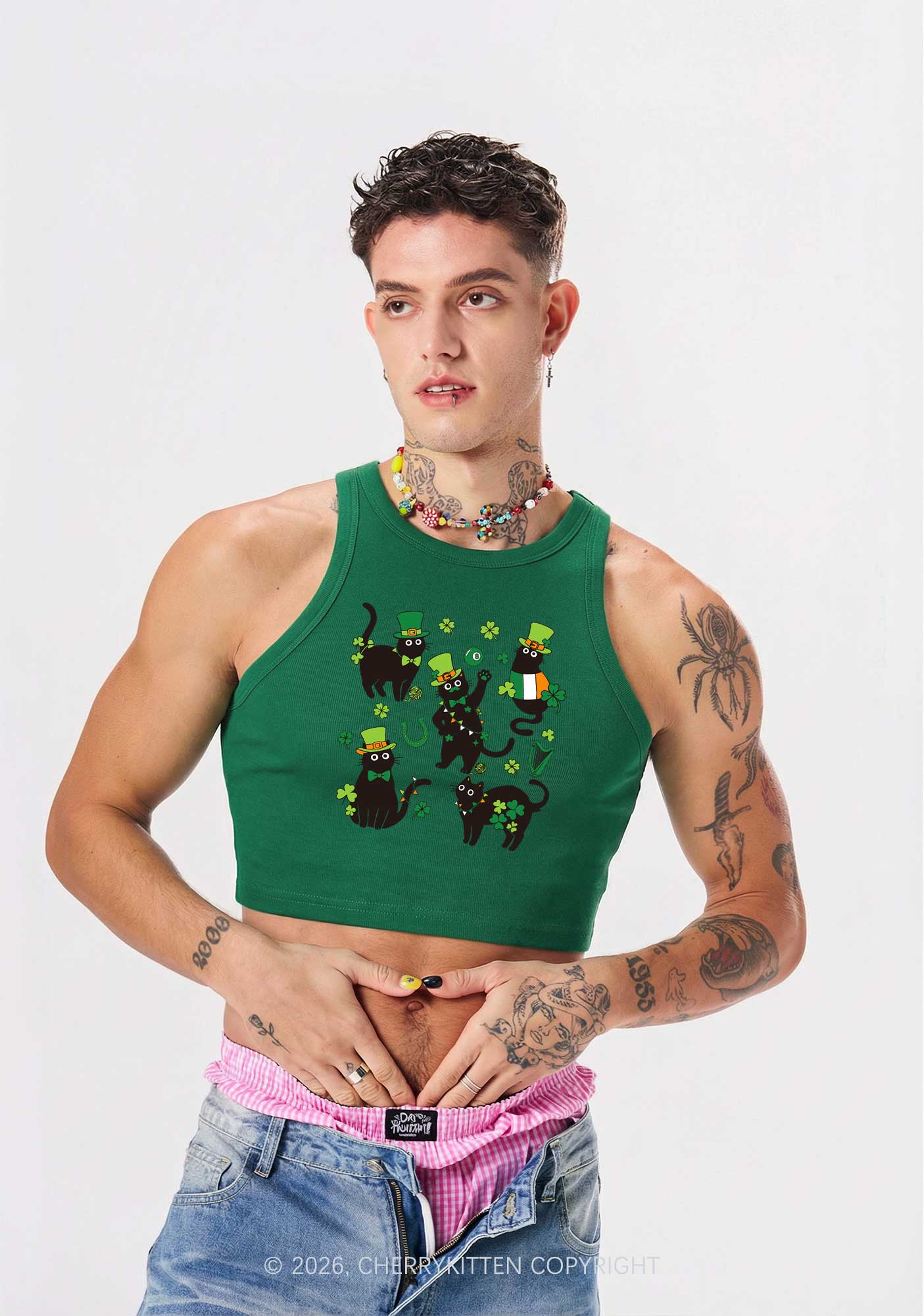 Shamrock Dancing Cats St Patricks Y2K Crop Tank Top Cherrykitten - Image 2
